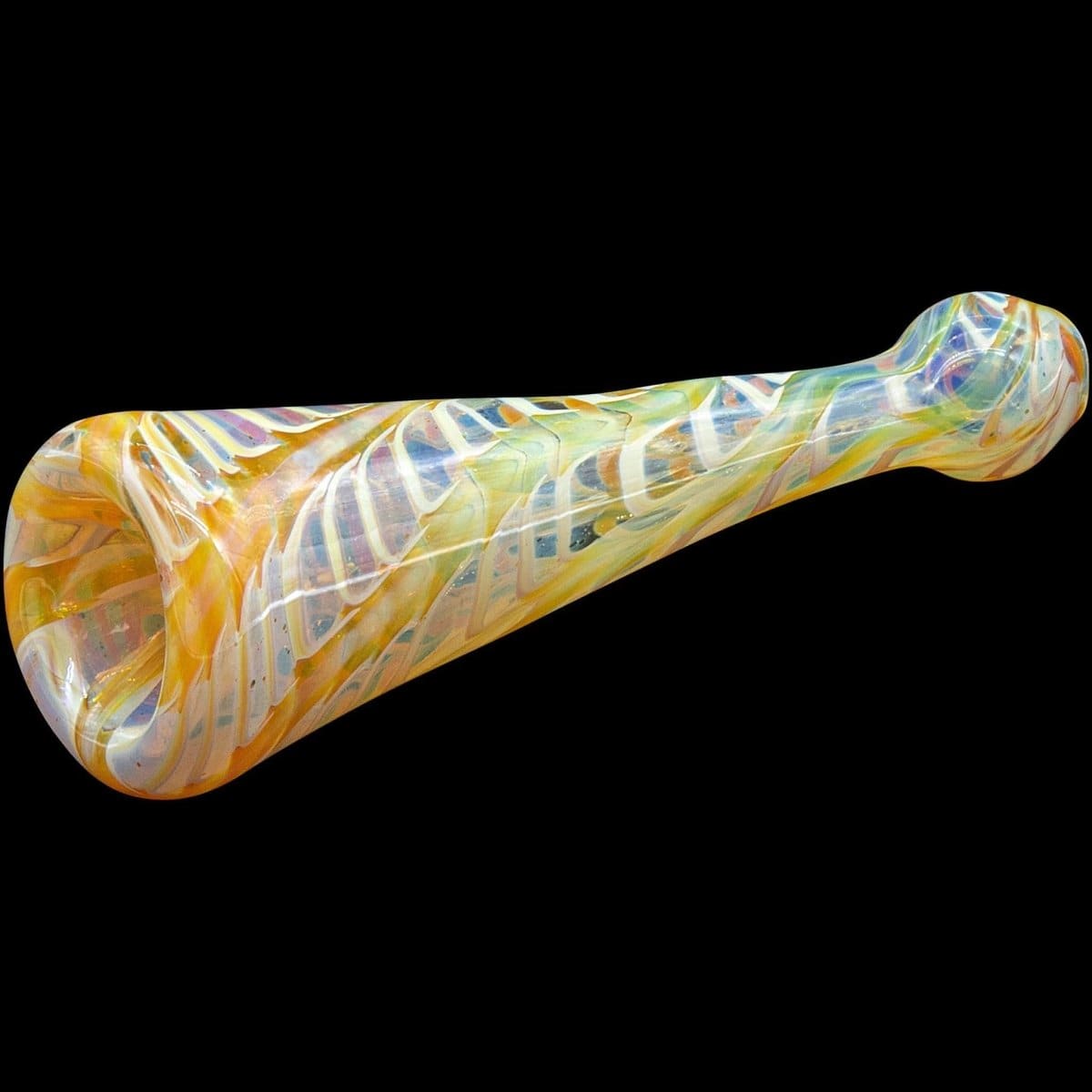 A close-up shot of the colorful "Typhoon" Colored Chillum angled against a dark background, highlighting its glass construction.