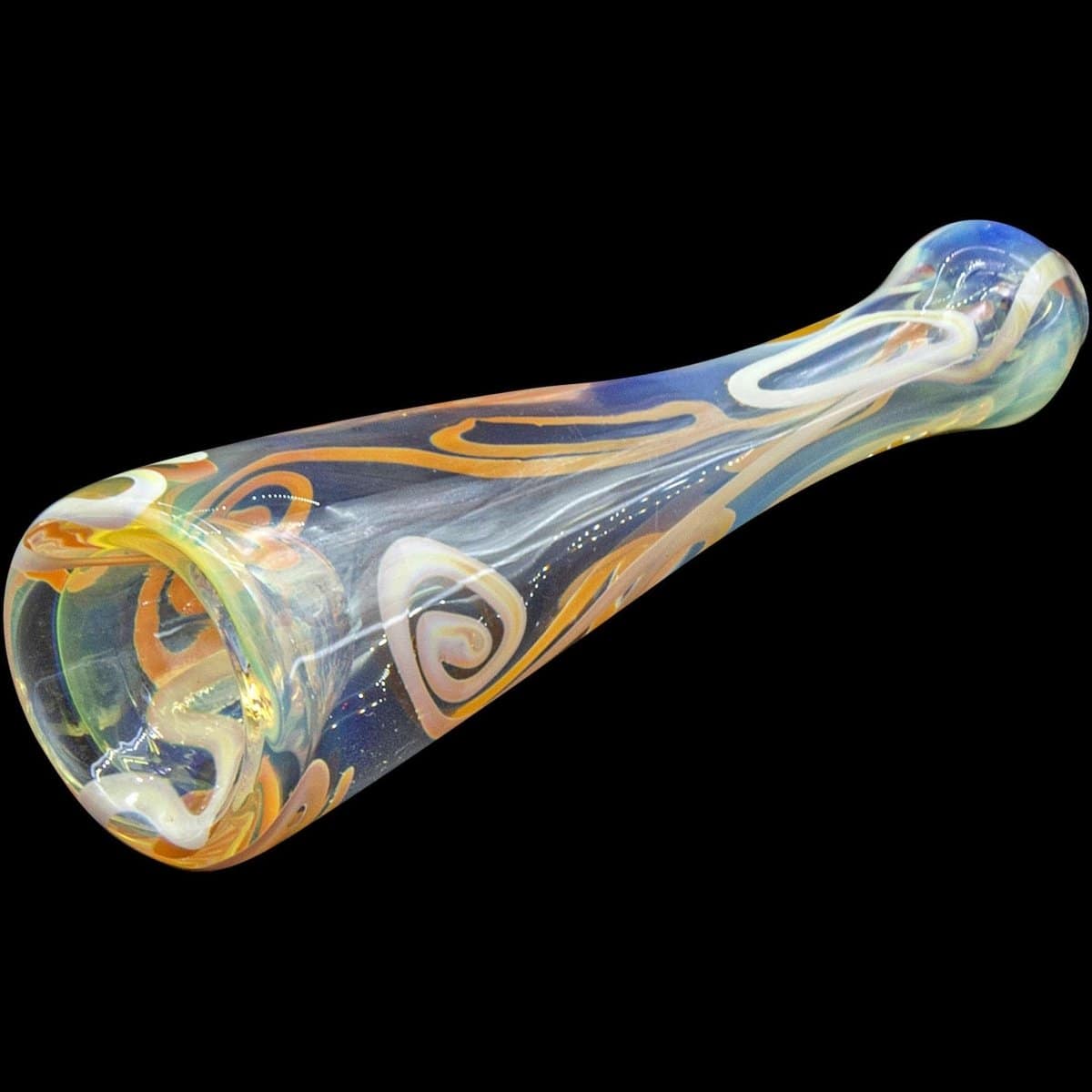 A close-up view of the “Warrior Piper” Inside-Out Funnel Chillum Herb Pipe, showcasing its colorful glass swirl pattern.