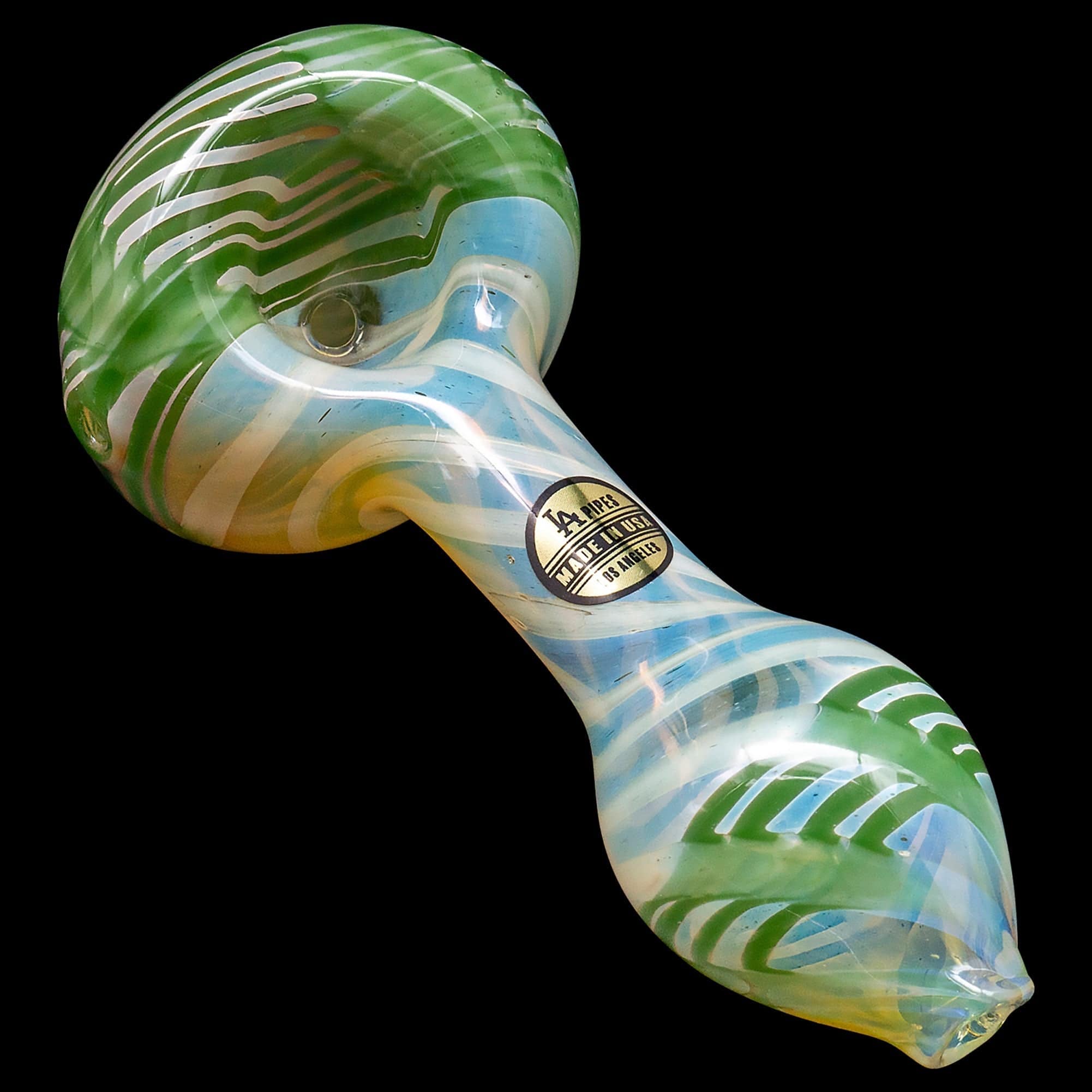 A close-up shows the vibrant, colorful "Twisty Cane" Spoon Glass Pipe, featuring a curved design and glossy finish.