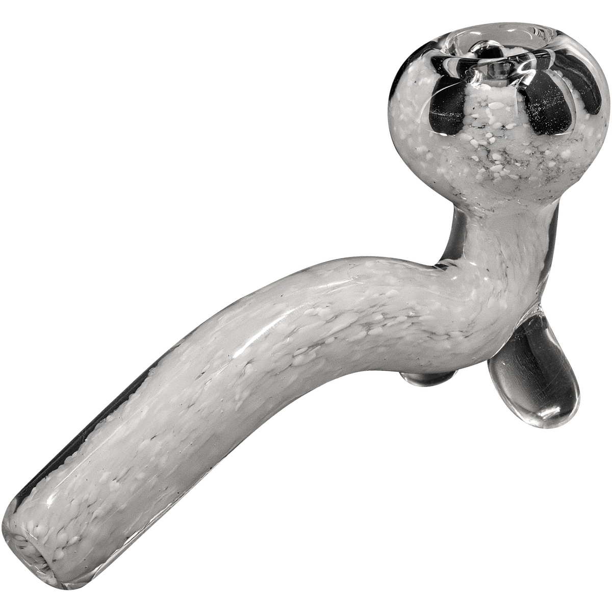 A side view of the “Black Daisy” White Fritted Sitting Sherlock pipe, showing its textured white glass and curved design.