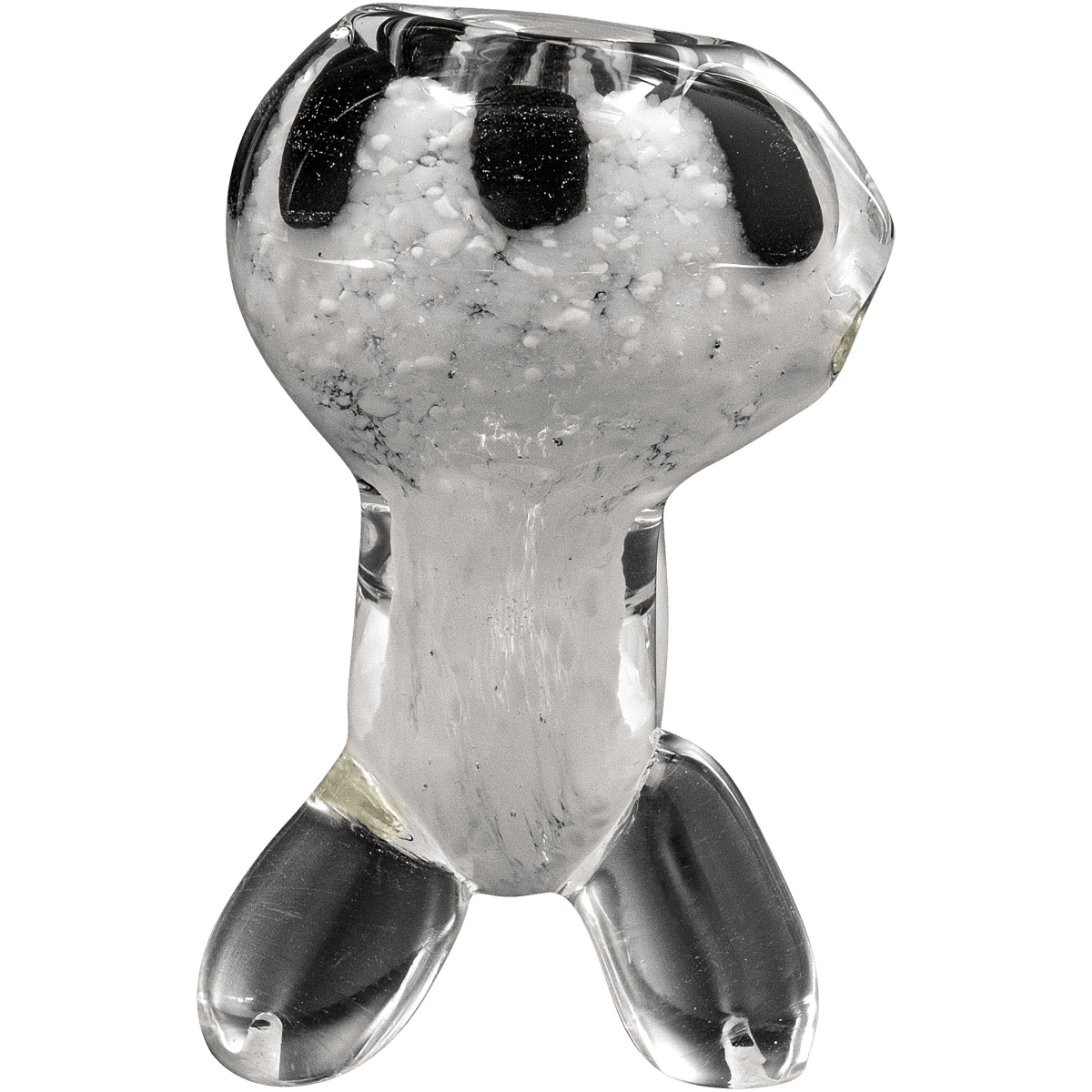 A side view of the “Black Daisy” White Fritted Sitting Sherlock, showcasing its delicate glasswork and unique shape.