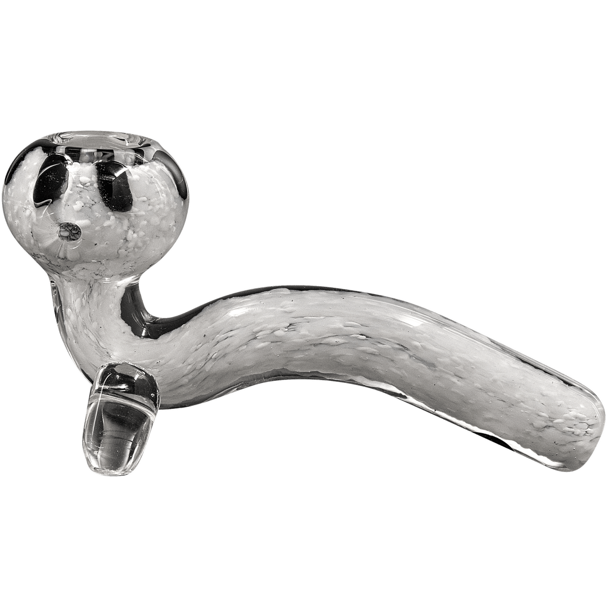 A side view of the “Black Daisy” White Fritted Sitting Sherlock pipe, showing the glass curves and fritted details.