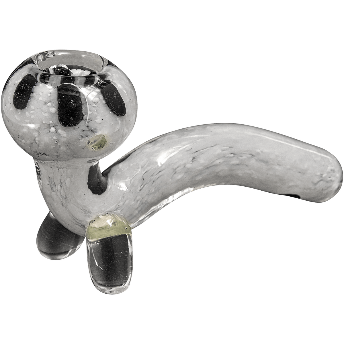 A studio shot of the “Black Daisy” White Fritted Sitting Sherlock, highlighting the intricate fritted glass details and unique shape.