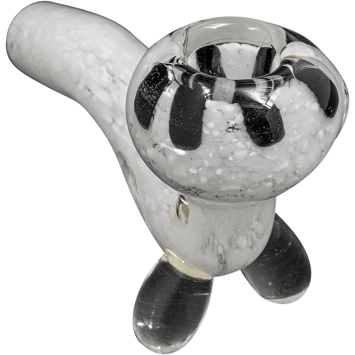 A side view of the “Black Daisy” White Fritted Sitting Sherlock, showcasing its textured glass and curved form.