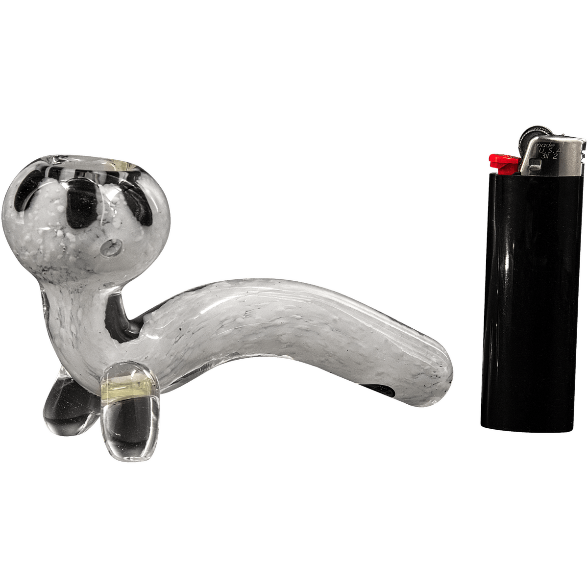 A side view of the “Black Daisy” White Fritted Sitting Sherlock next to a black lighter on a plain white background.