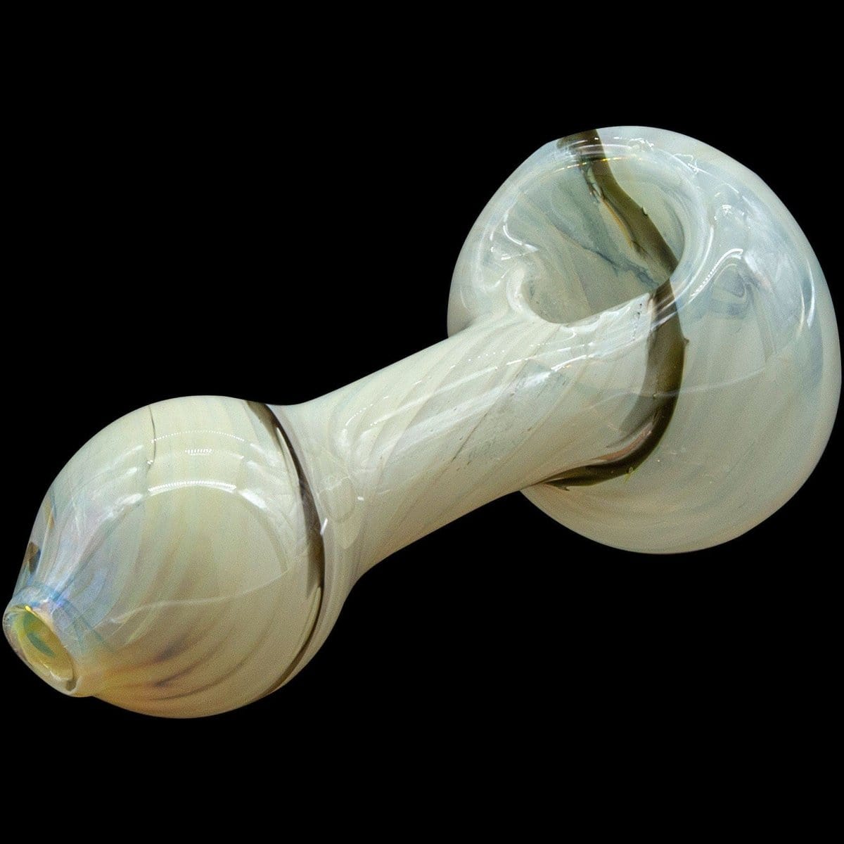 Front view of the “Bones” White Color Spoon Pipe, showing a curved, white glass pipe against a black background.