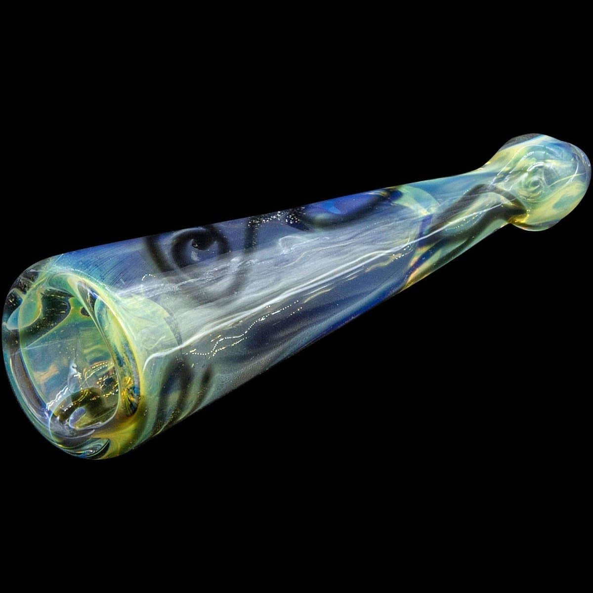 A detailed close-up of the “Warrior Piper” Inside-Out Funnel Chillum Herb Pipe, displaying its colorful glass swirl design.