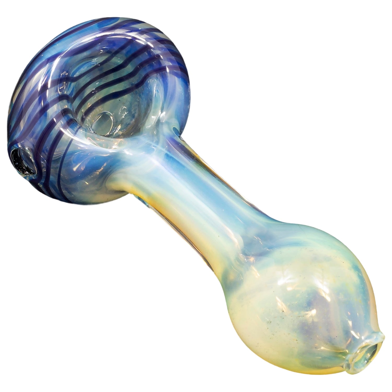 A side view of the “Spiral-Head” Color Changing Glass Spoon Pipe, showcasing its swirling blue and clear glass head.