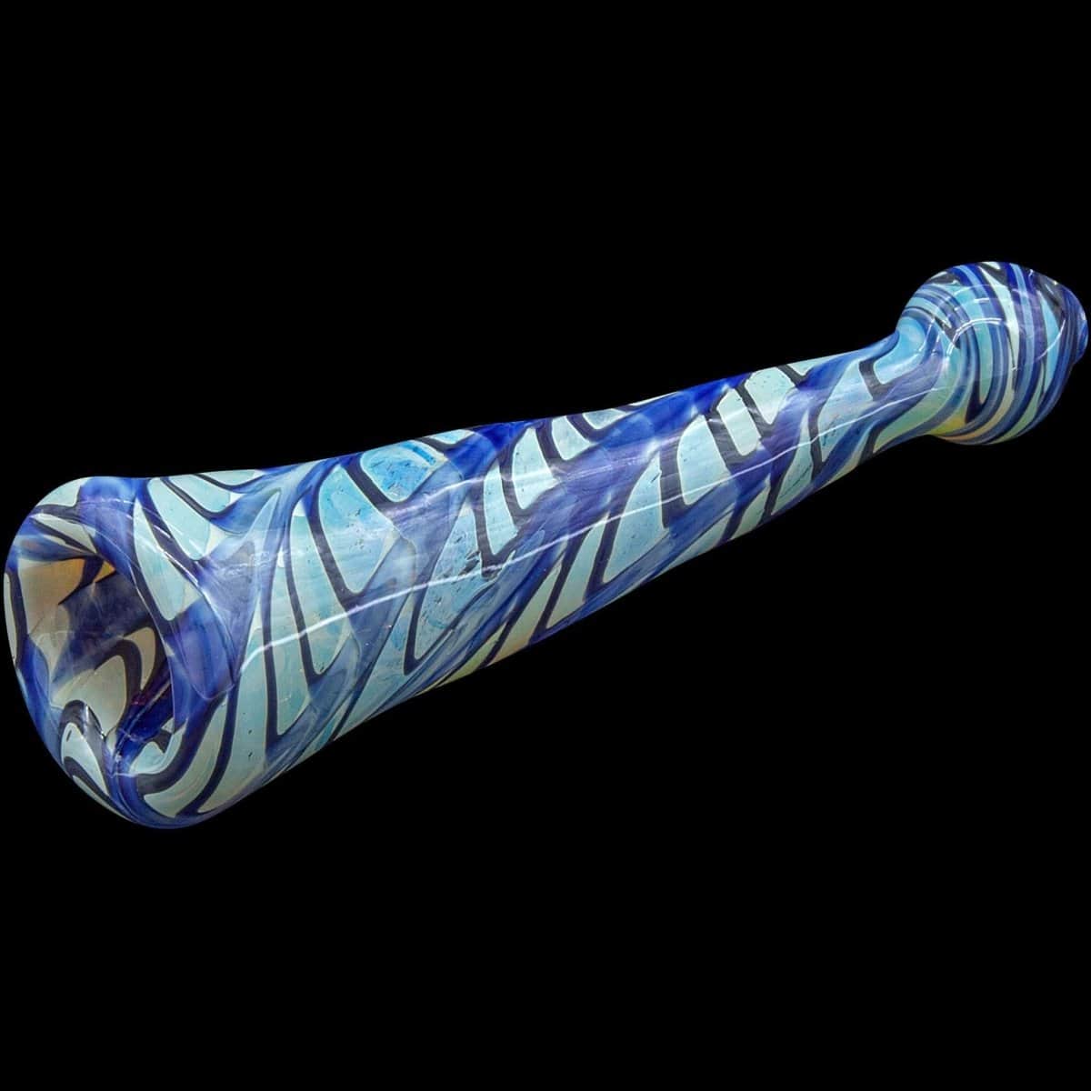 A close-up shows the colorful "Typhoon" Colored Chillum with swirling blue and white patterns against a black background.