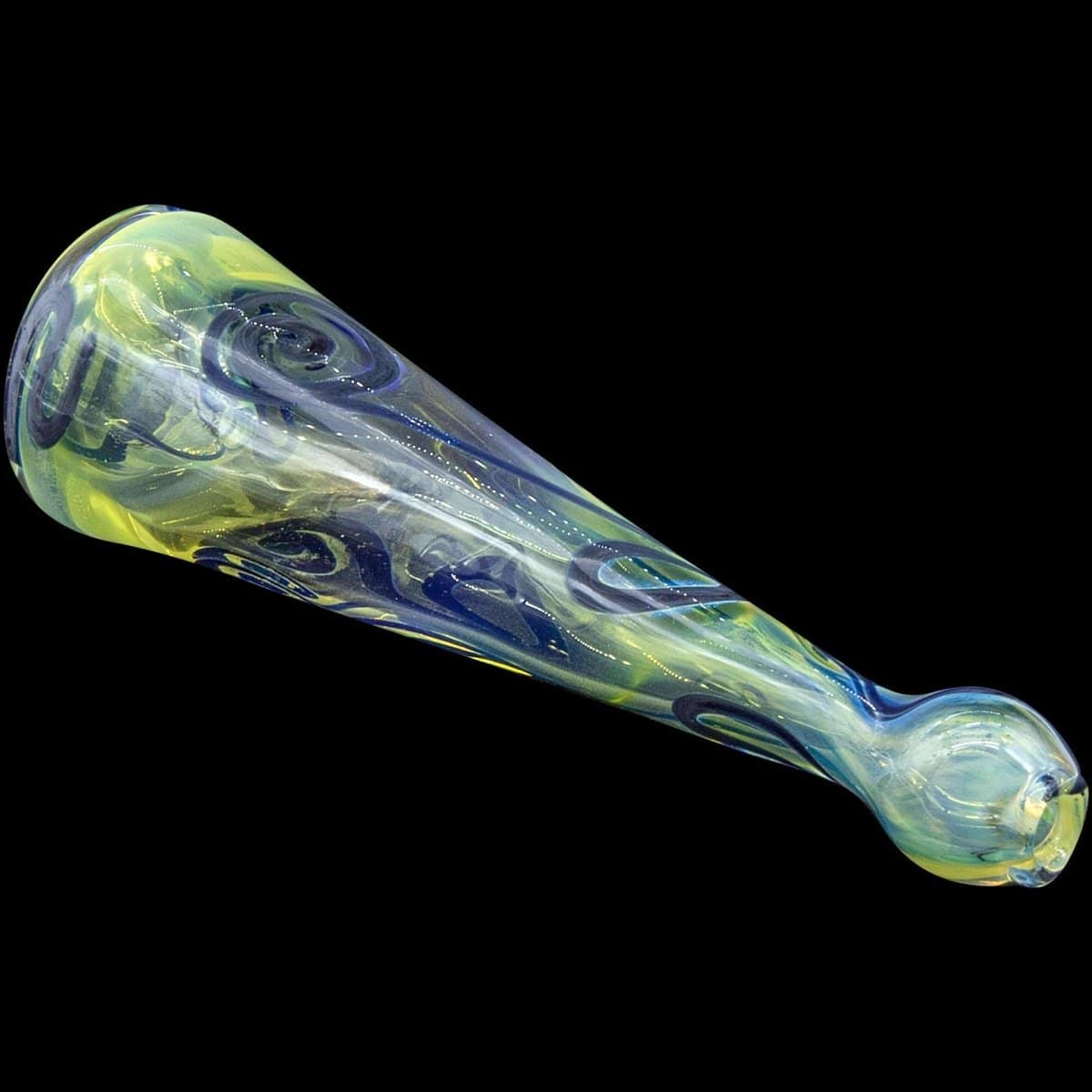 A close-up, angled view of the “Warrior Piper” Inside-Out Funnel Chillum Herb Pipe, showcasing its vibrant, swirling glass design.