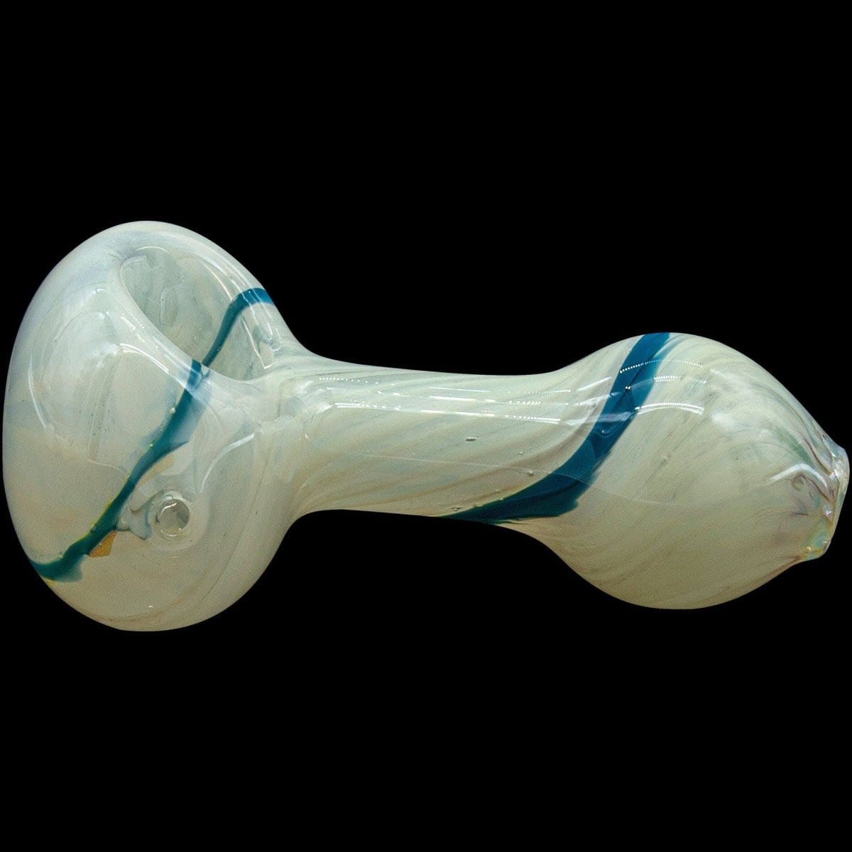 A side view of the “Bones” White Color Spoon Pipe, showing its curved shape and smooth, white glass finish.