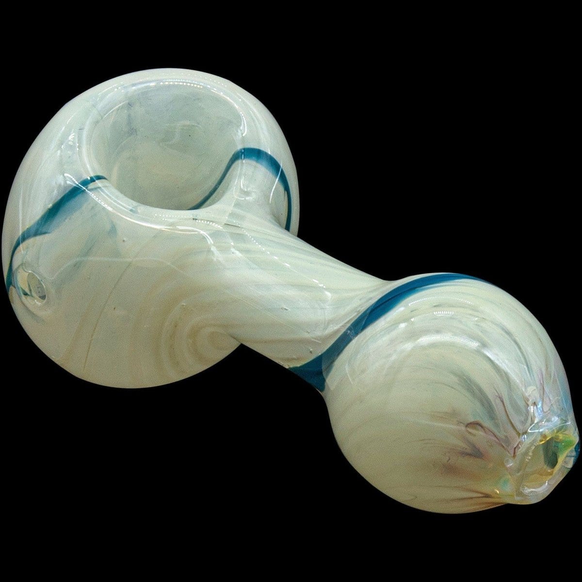 A side view of the "Bones" White Color Spoon Pipe, showing the curved white glass design with a smooth, rounded bowl.