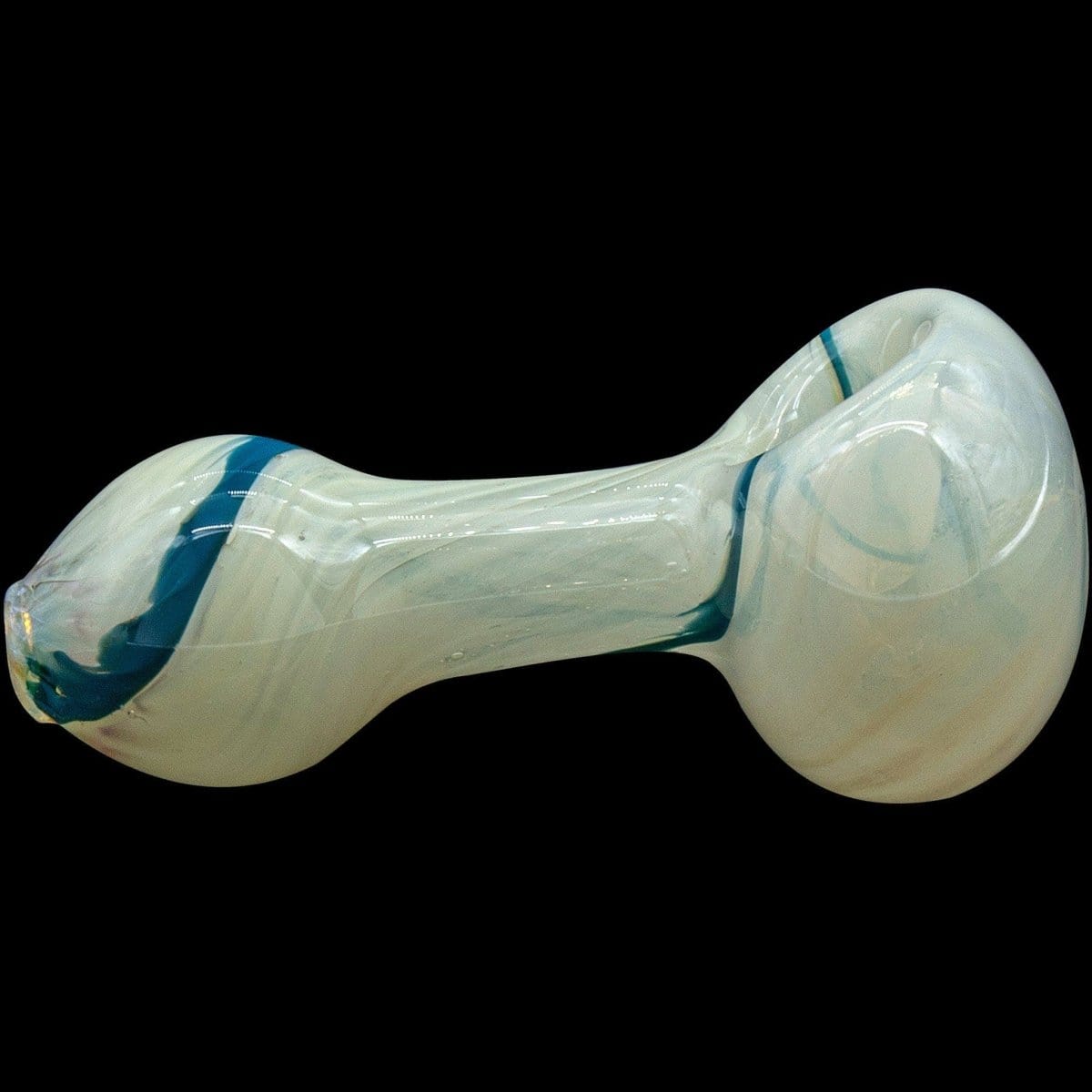 A side view of the “Bones” White Color Spoon Pipe, showcasing its simple, curved shape against a dark background.