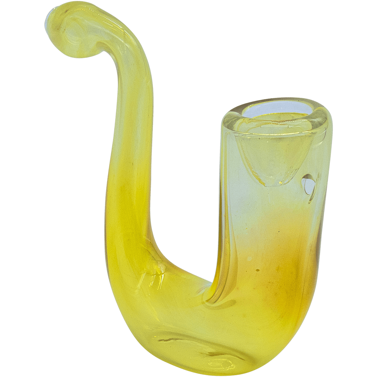A side view of the “Calabash” Fumed Glass Sherlock pipe, showing its curved shape and translucent glass material.