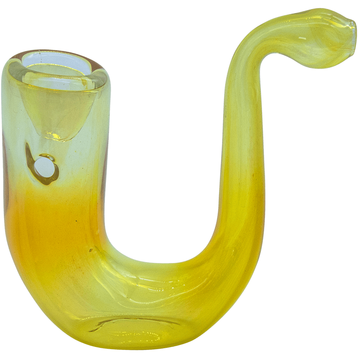 A side view of the “Calabash” Fumed Glass Sherlock pipe, showcasing its curved shape and translucent green glass.