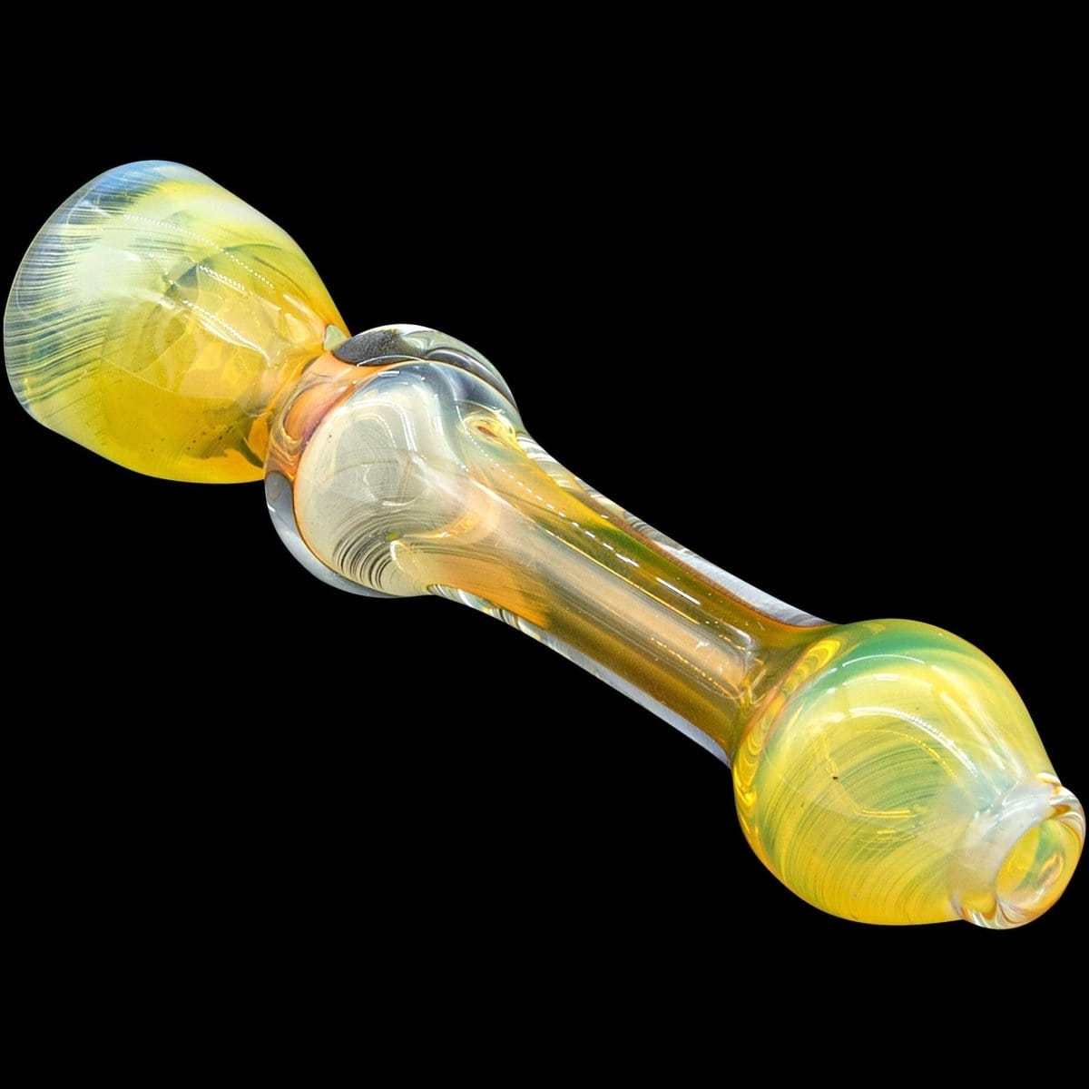 A close-up, angled view of the silver fumed “Chill Fumes” Chillum, showing its glass construction and subtle color gradients.