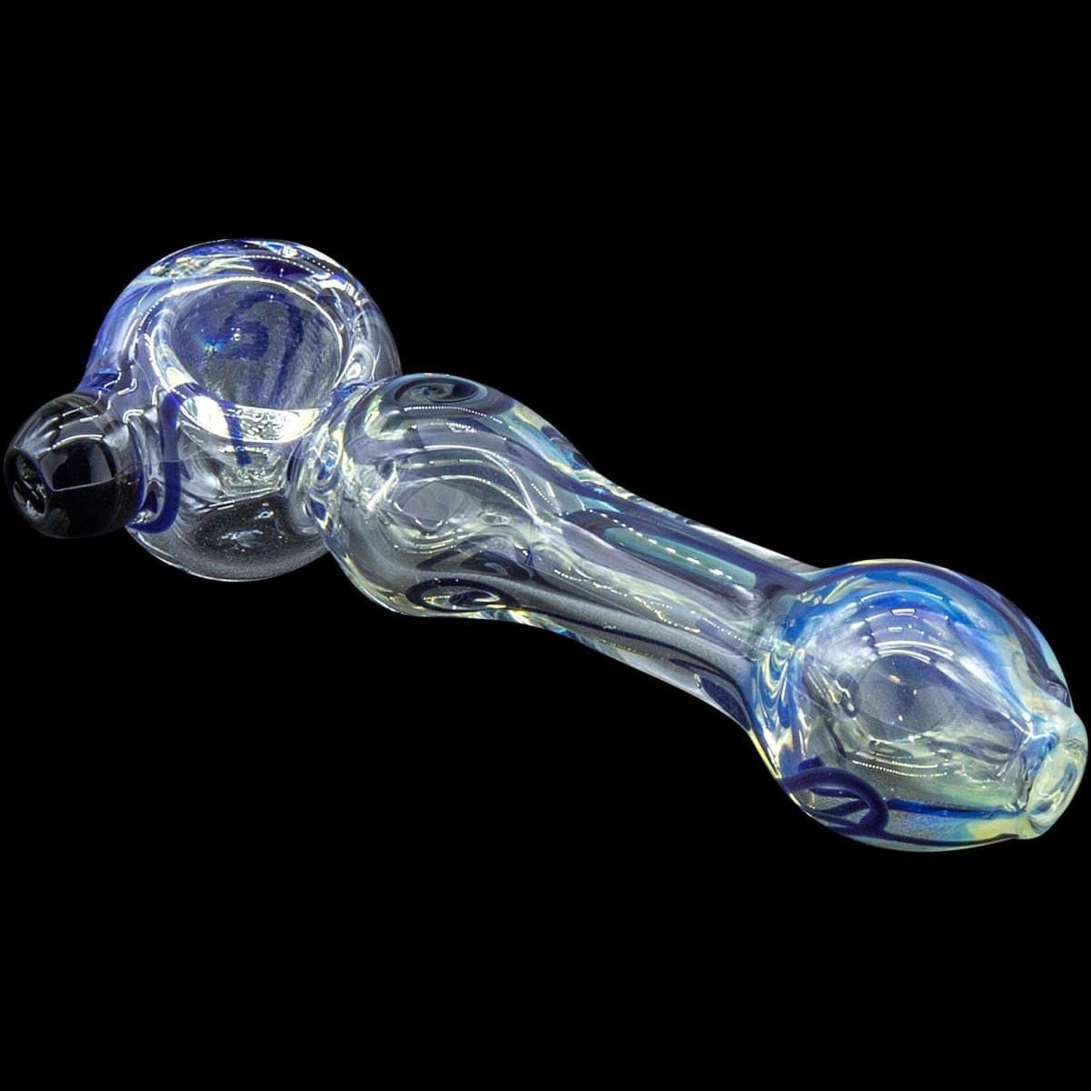 A side view of the “Painted Warrior Spoon” glass pipe, showcasing its curved form and smooth, transparent material.
