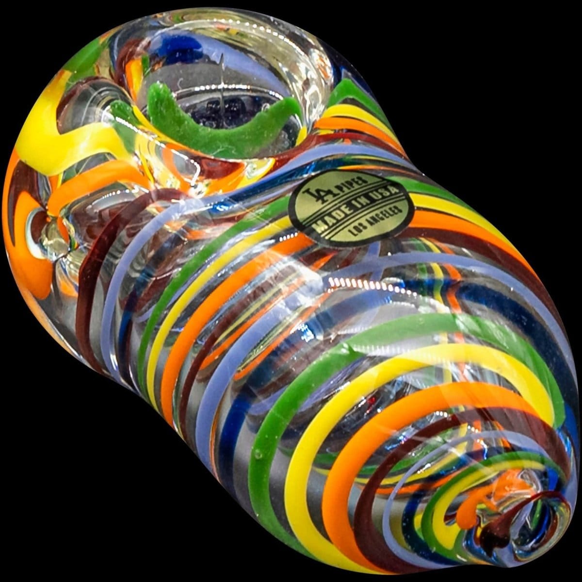 A close-up, angled view of the “Easter Egg” Rainbow Swirl Heavy Egg-Shaped Pipe, displaying vibrant, colorful swirls in a glass design.