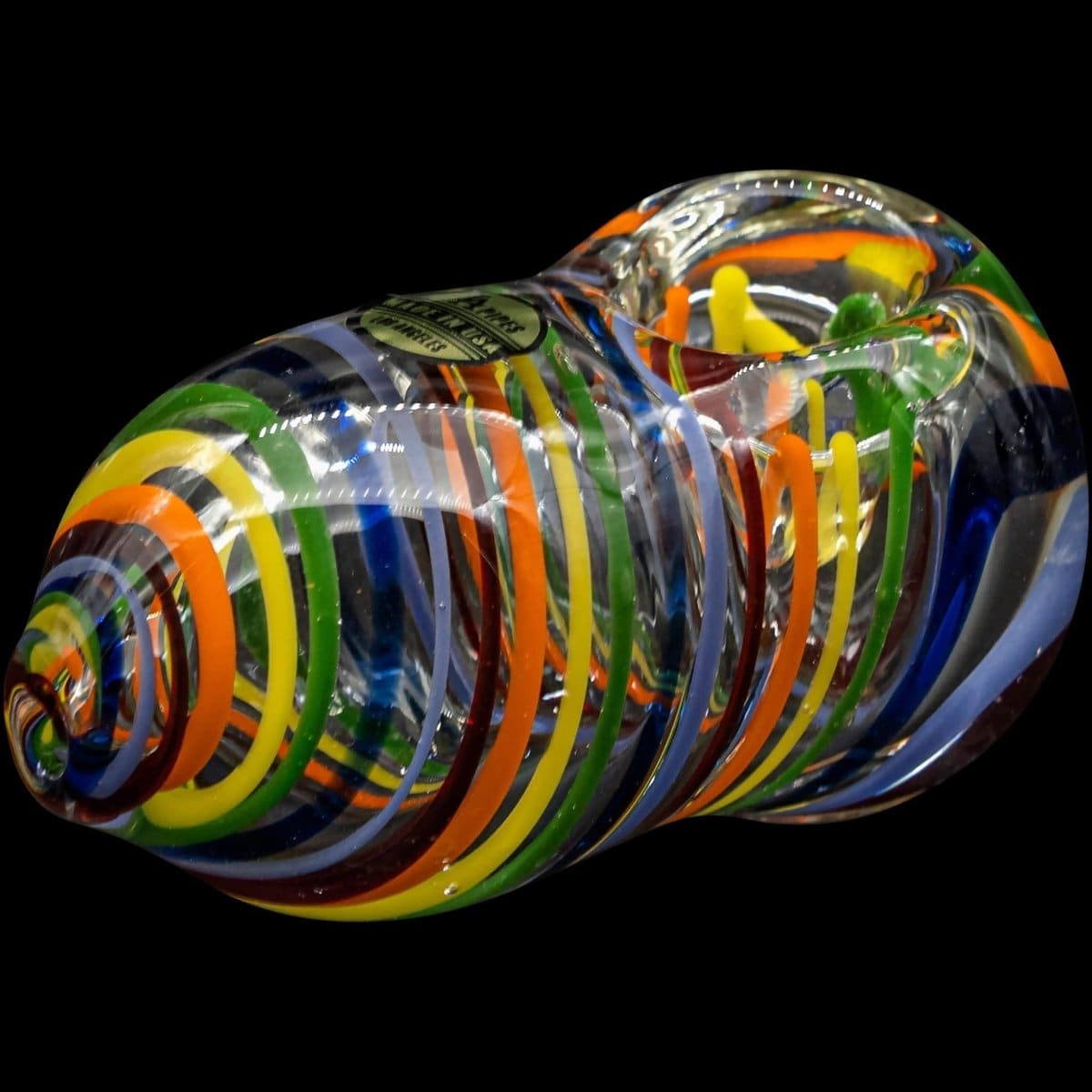 A studio shot of the “Easter Egg” Rainbow Swirl Heavy Egg-Shaped Pipe, showcasing its vibrant, colorful swirl pattern and glossy finish.