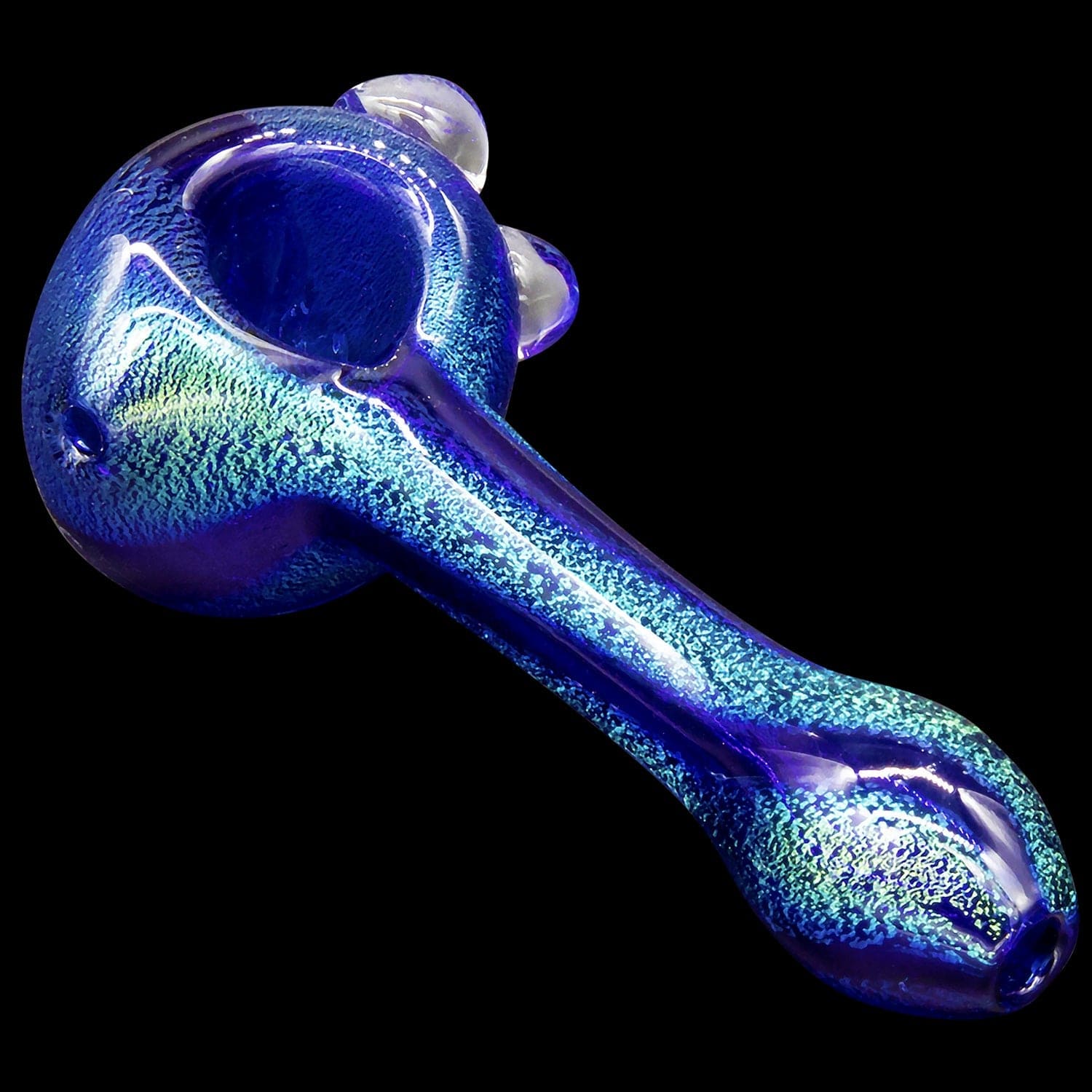 A detailed side view of the “Galactic Storm” Full Dichro Spoon Hand Pipe, showcasing its iridescent blue and silver glass swirl.