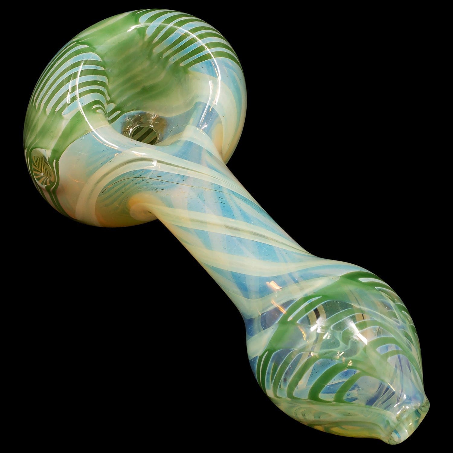 A three-quarter view of the “Twisty Cane” Spoon Glass Pipe, showcasing its colorful, swirling glass design.