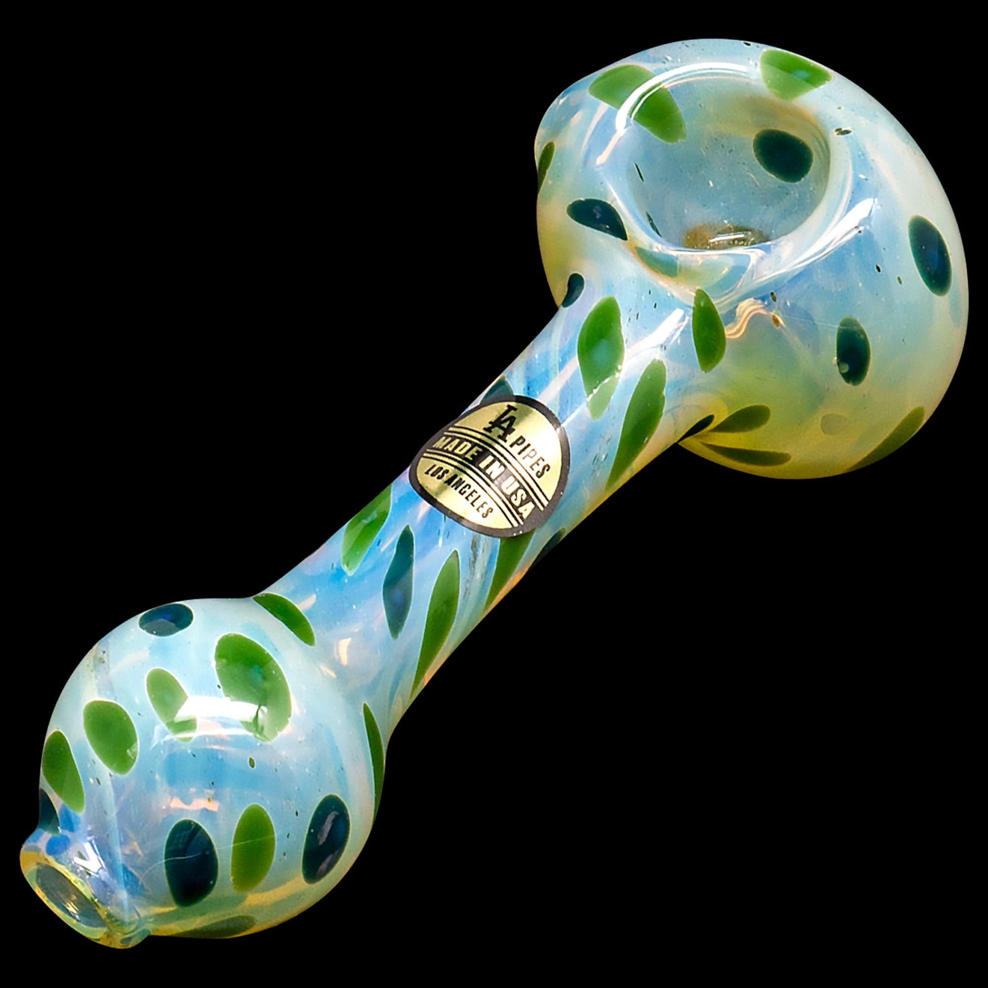 A close-up shot of the “Polka Dot” Glass Spoon Pipe, showcasing its colorful, speckled design from a slightly angled perspective.
