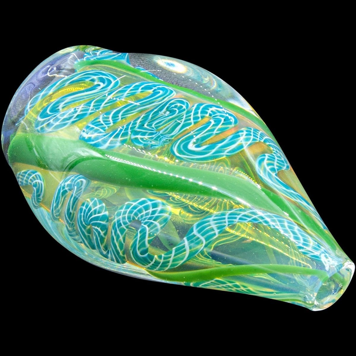 A detailed close-up of the “Skipping Stone” Inside-Out Chillum, showcasing its vibrant, swirling glass pattern and unique design.