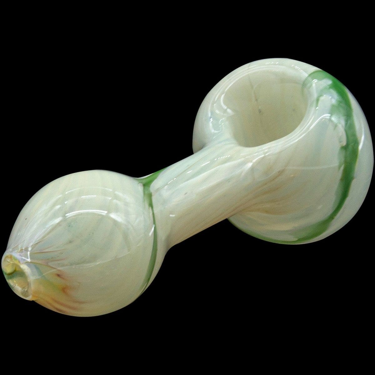 A side view of the “Bones” White Color Spoon Pipe, showing the curved bowl and smooth, white glass construction.