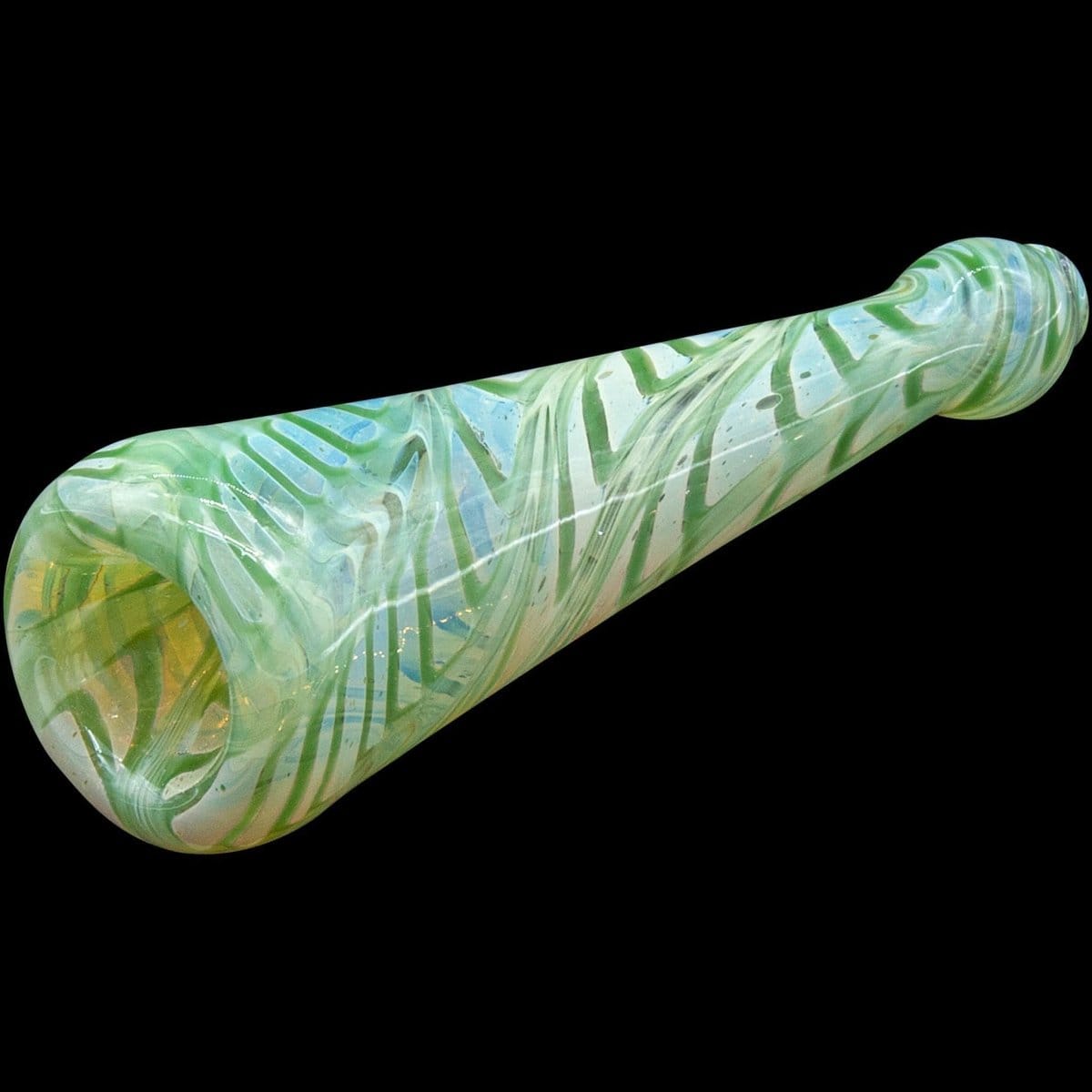 A close-up shot of the colorful "Typhoon" Colored Chillum, showcasing its swirled green and blue glass construction.