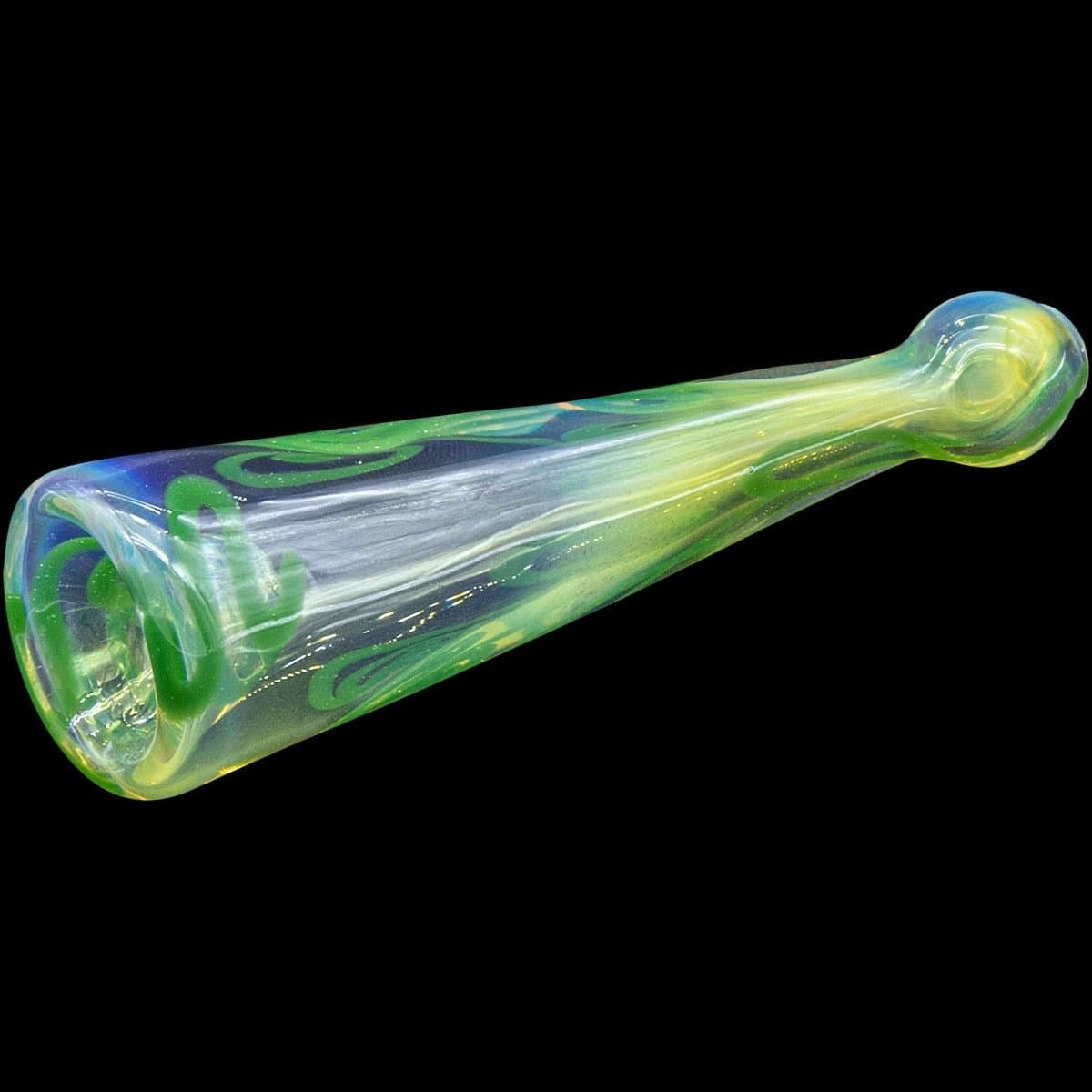 A close-up, angled view of the “Warrior Piper” Inside-Out Funnel Chillum Herb Pipe, showcasing its clear glass construction and funnel shape.