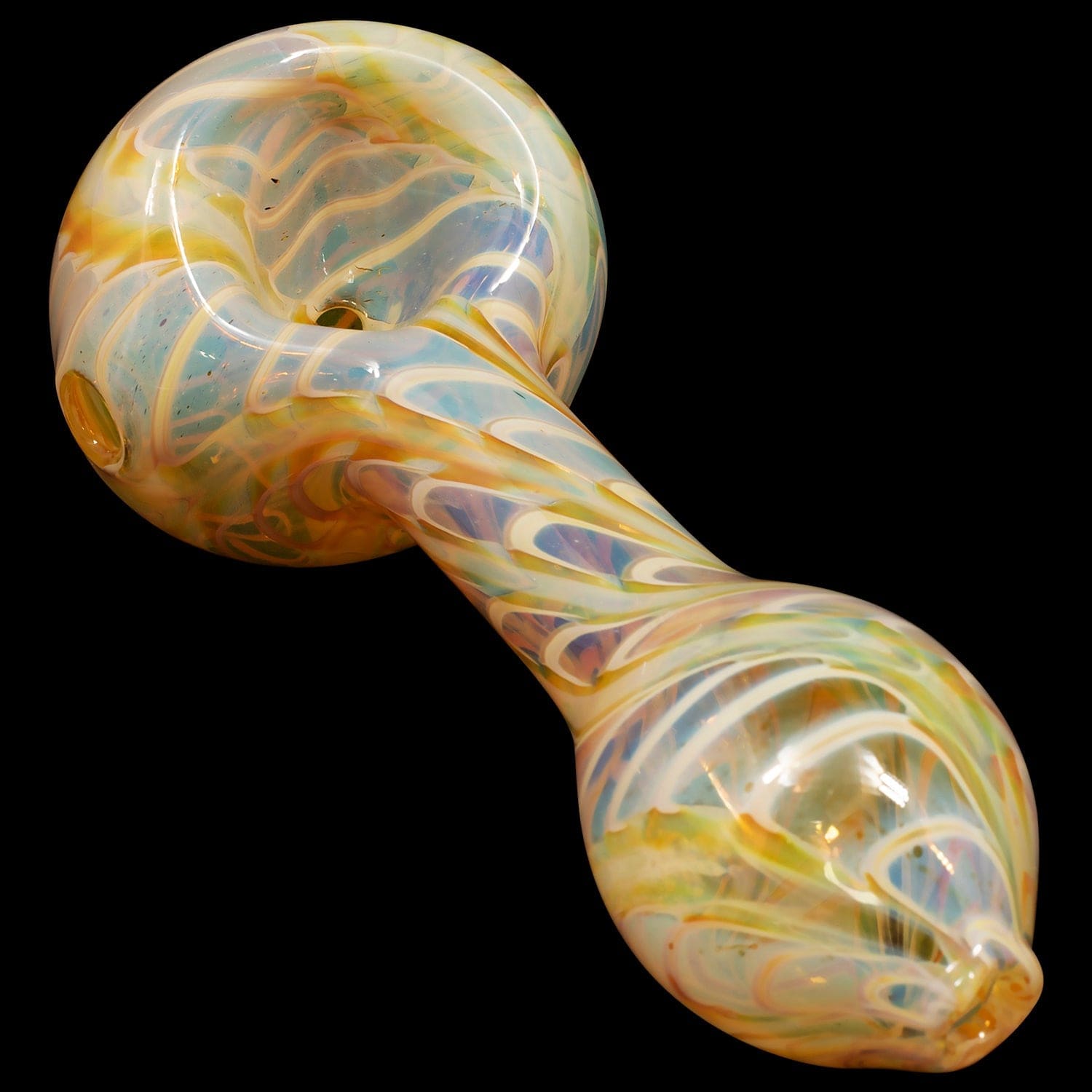 A three-quarter view of the "Raker" Glass Spoon Pipe, showcasing its curved design and colorful glass swirl pattern.