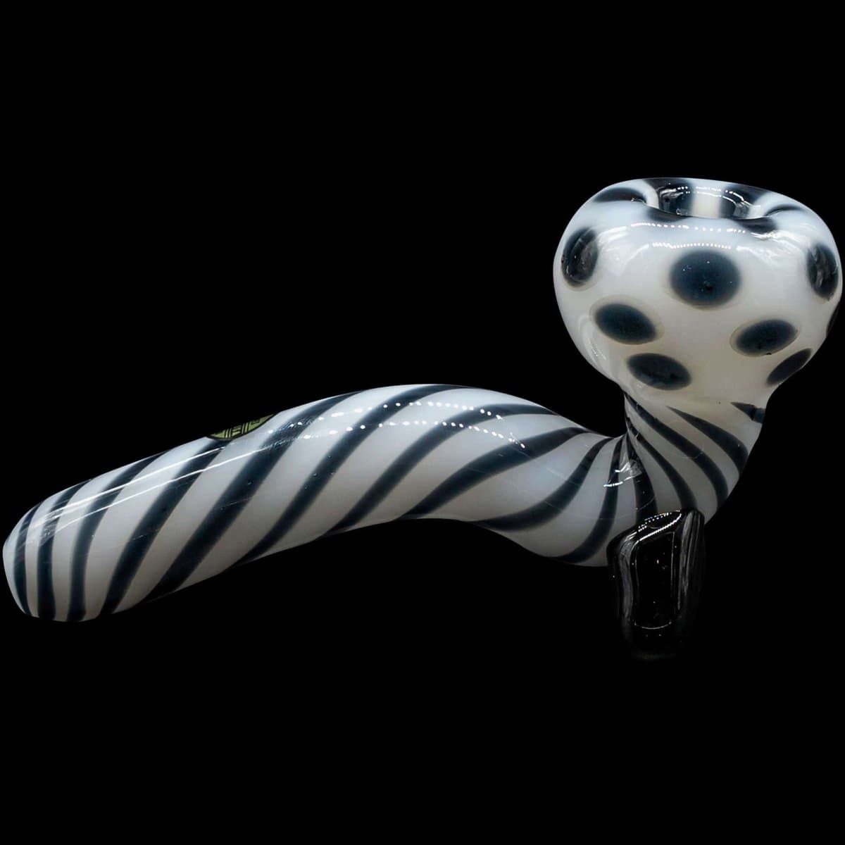 A side view of the “Ivory Locks” Bone White Sitting Sherlock Glass Pipe, showcasing its curved shape and smooth, pale finish.