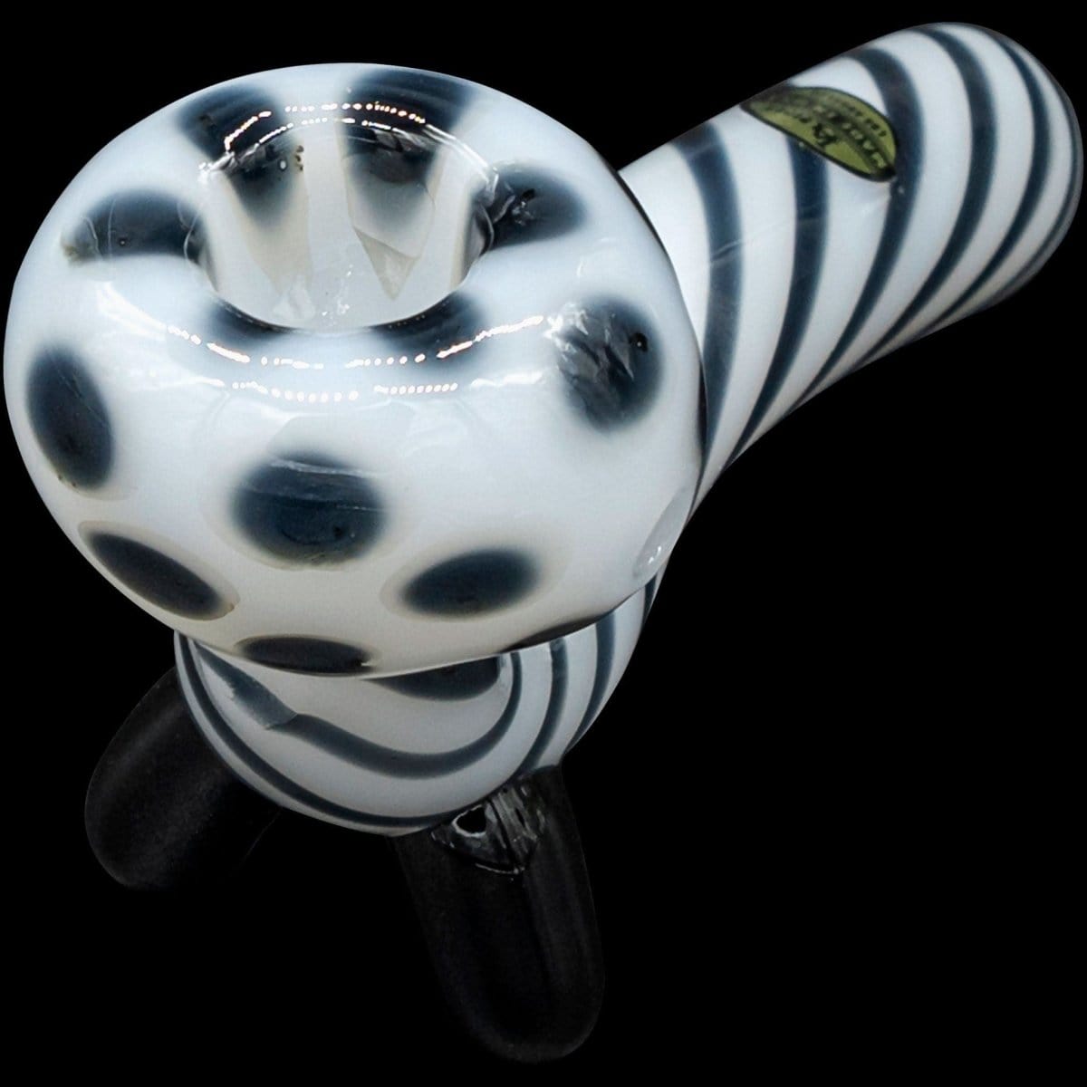 A close-up, angled view of the “Ivory Locks” Bone White Sitting Sherlock Glass Pipe, showing its curved shape and glossy finish.