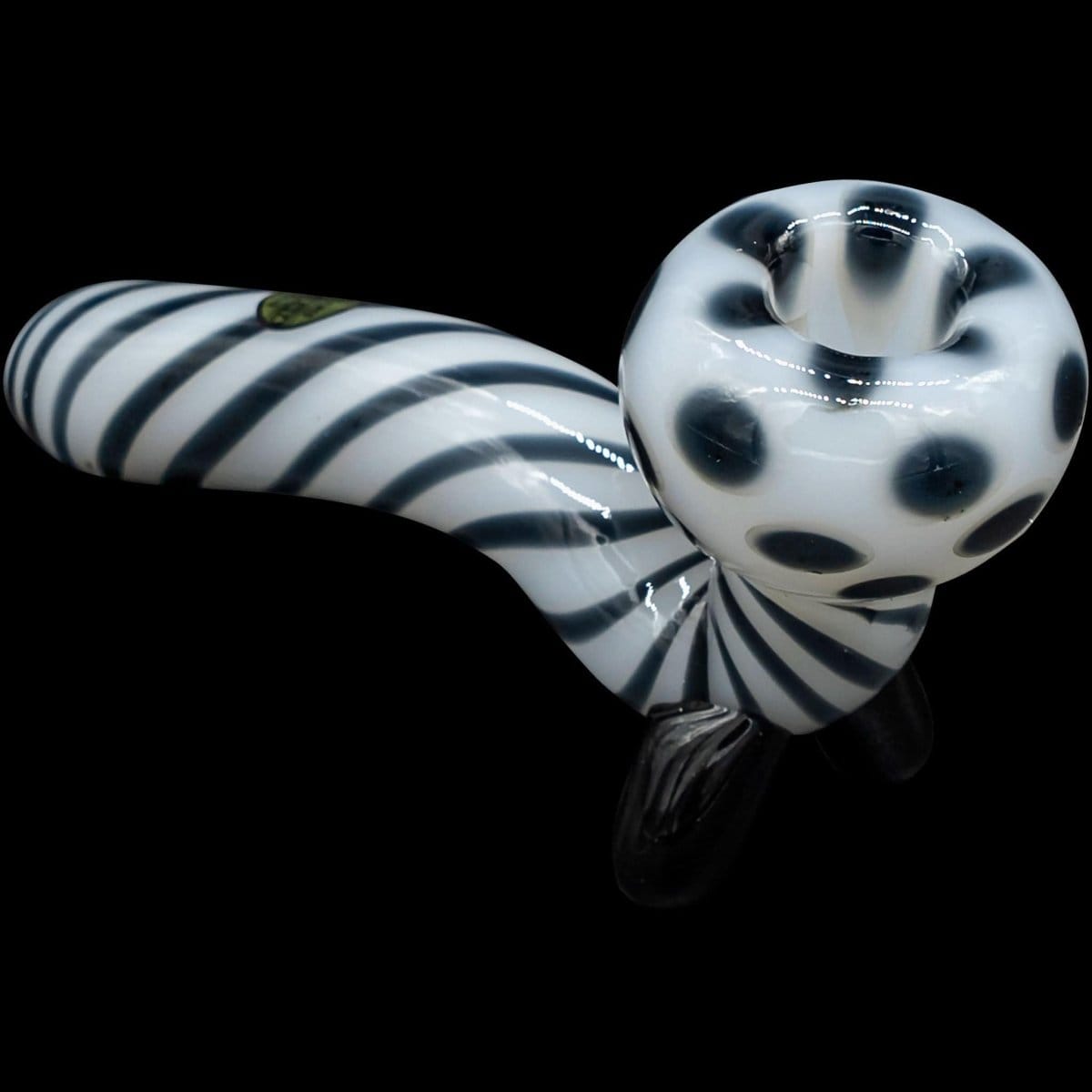 A side view of the “Ivory Locks” Bone White Sitting Sherlock Glass Pipe, showcasing its curved design and smooth, white finish.