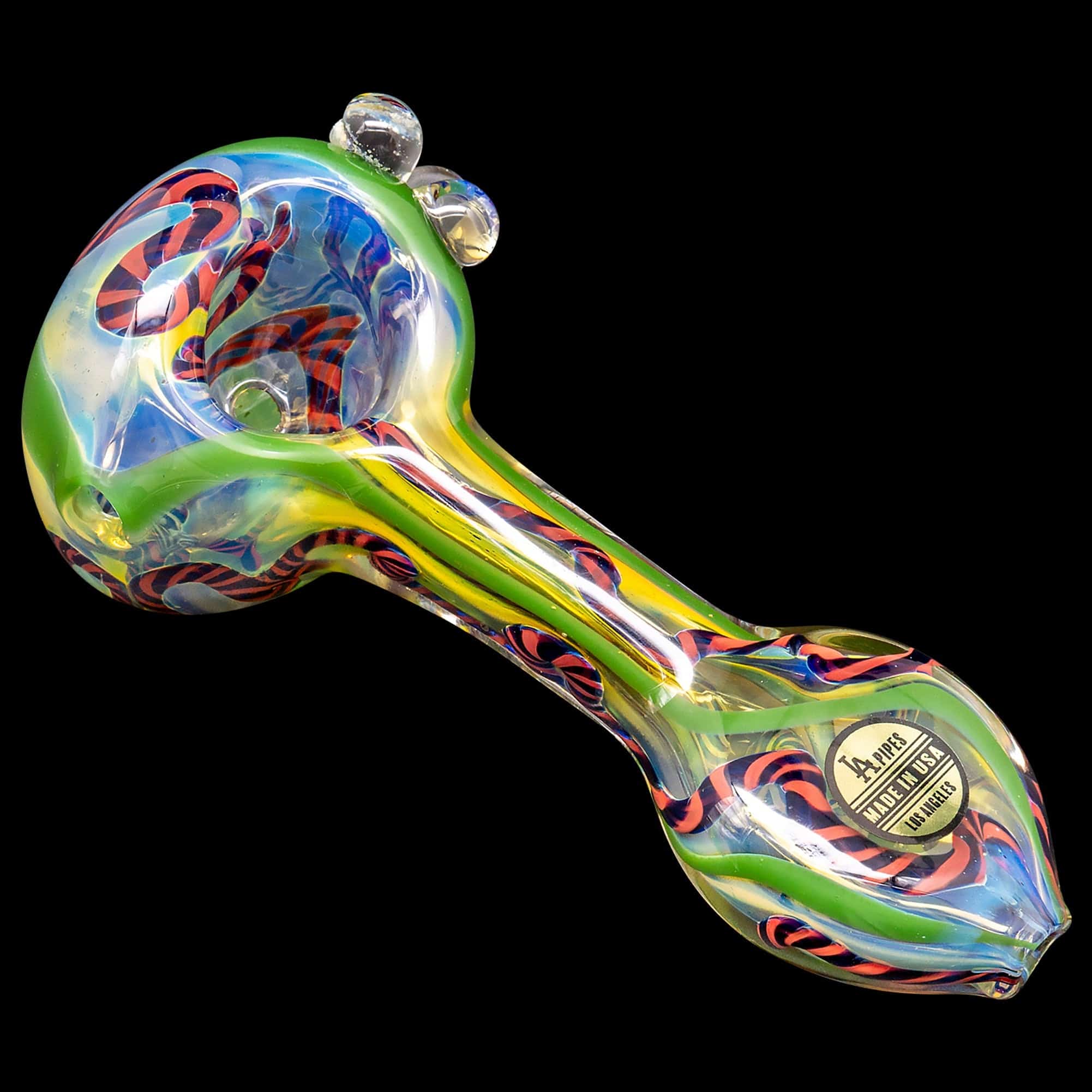 A close-up shows the “Candy Spoon” Inside-Out Color Changing Glass Pipe with vibrant swirls and a rounded bowl, viewed from a slight angle.