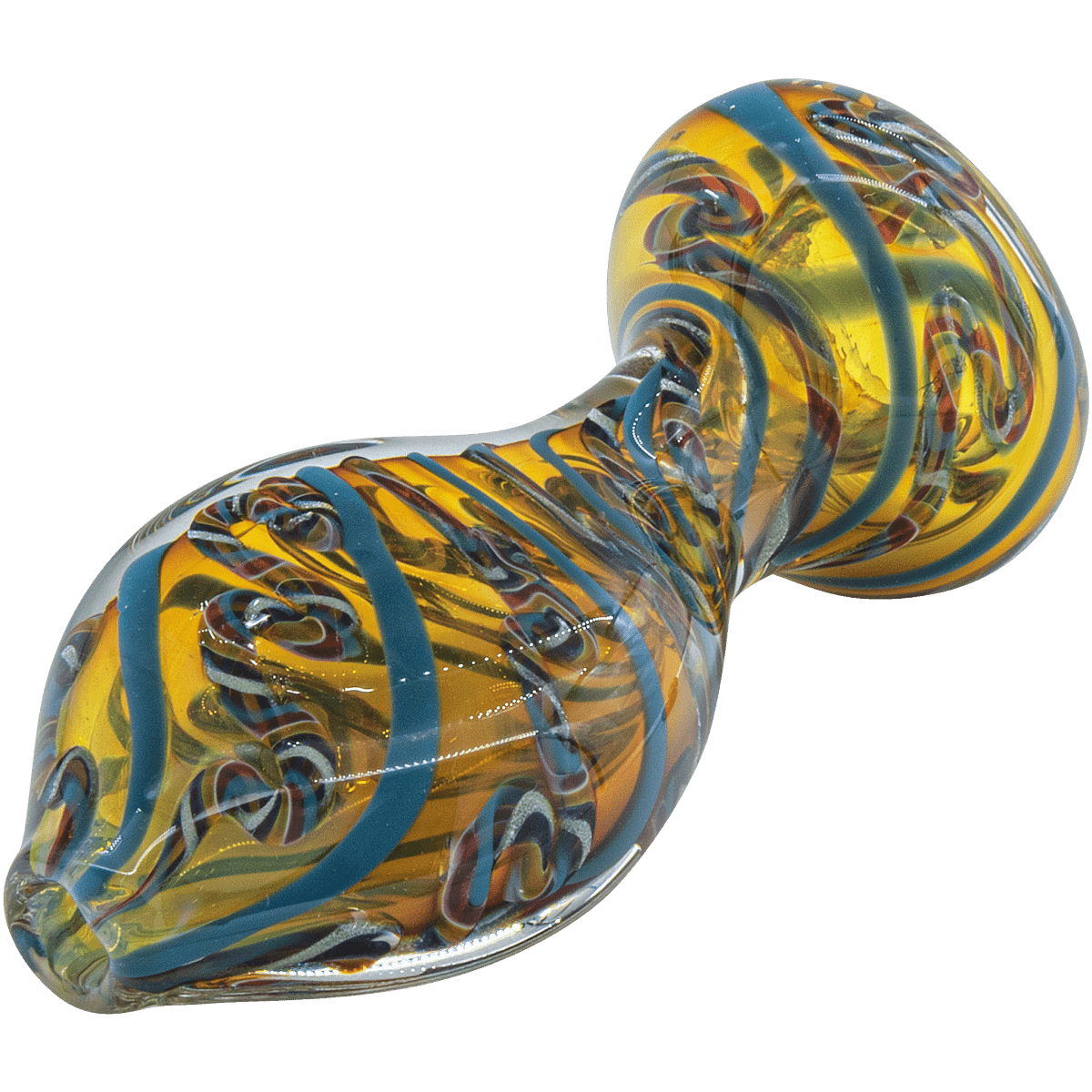 A three-quarter view of the “Flat Belly” Inside-Out Chillum, showcasing the glass’s swirling blue and amber patterns.