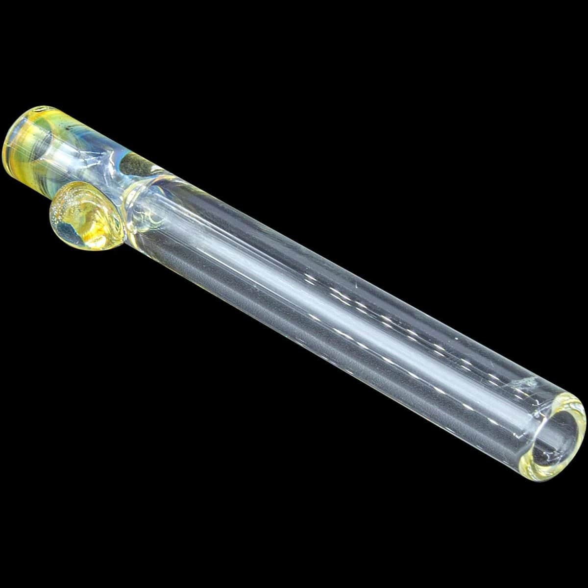 A diagonally angled view of the “One Hitter Never Quitter” glass one-hitter, displaying its clear construction and simple design.