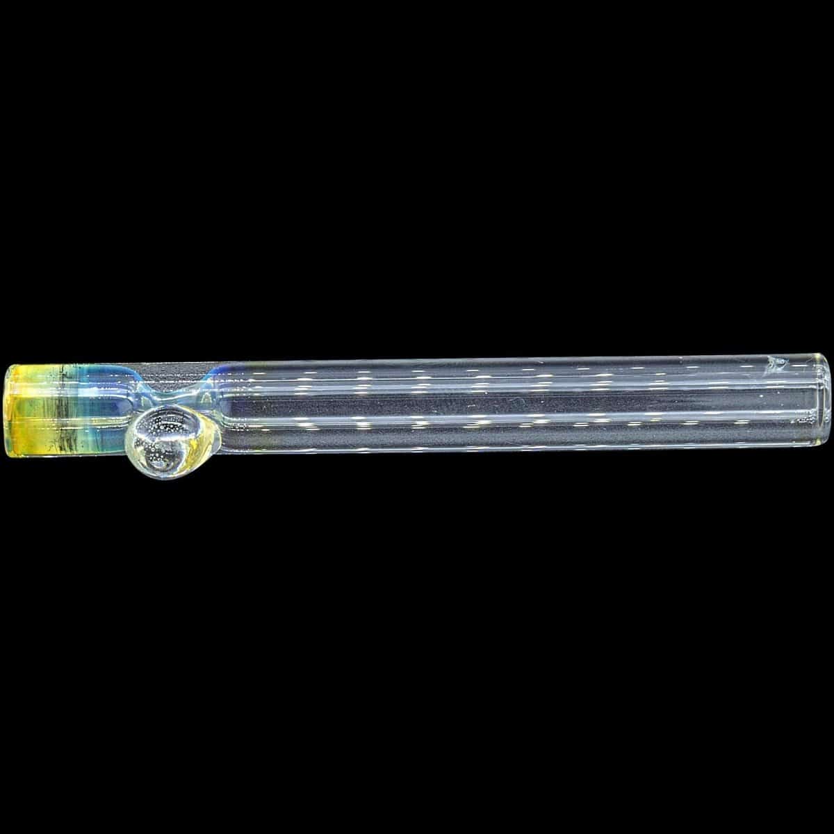A close-up, angled view of the “One Hitter Never Quitter” Glass One-Hitter, showcasing its simple, cylindrical glass design.