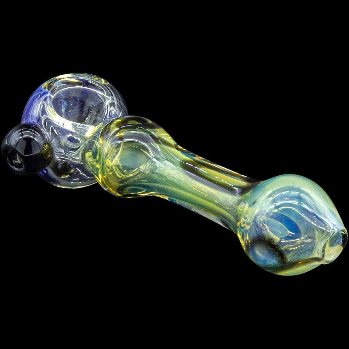 A side view of the “Painted Warrior Spoon” glass pipe, showing its curved shape and vibrant, swirling colors.