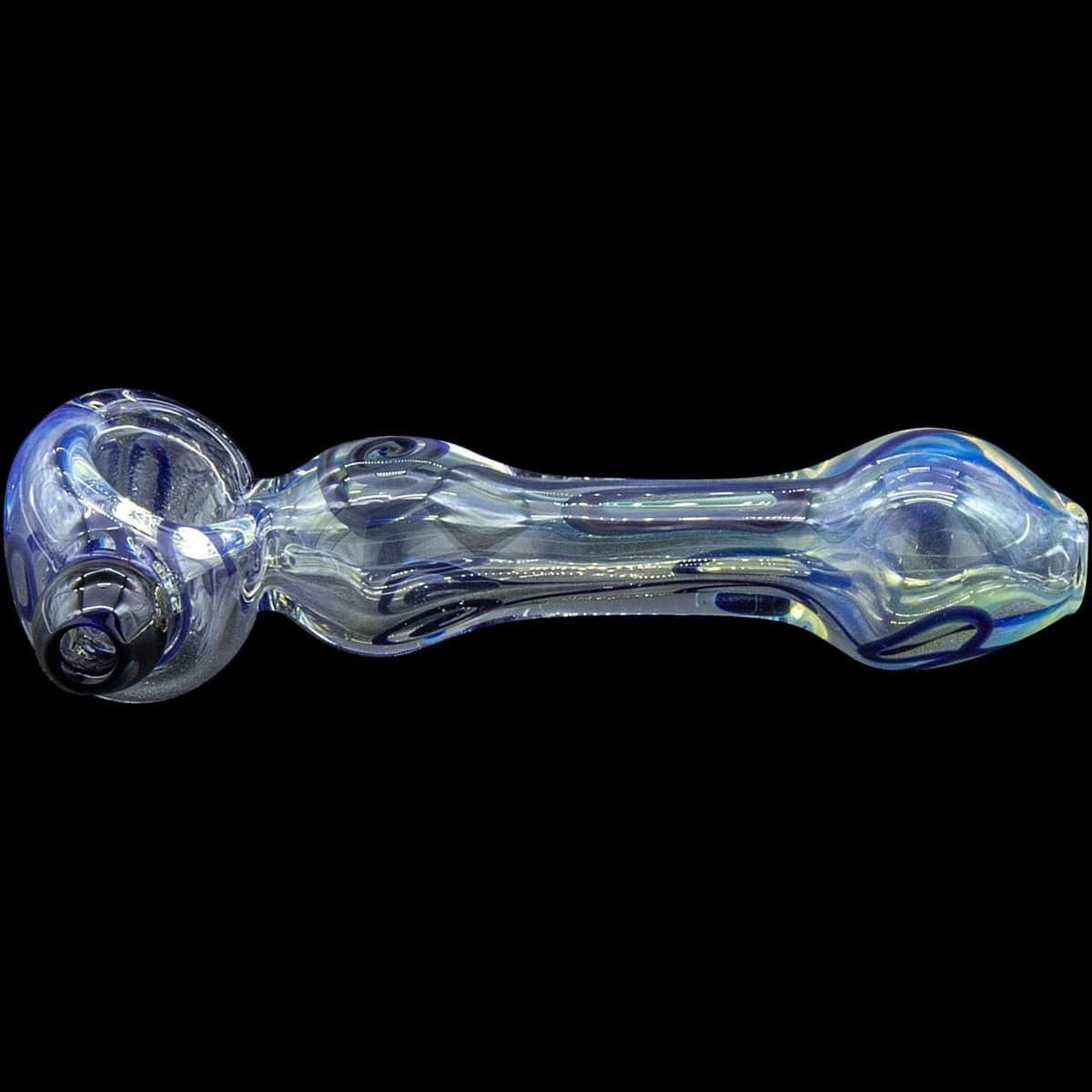 Front view of the “Painted Warrior Spoon” glass pipe, showcasing its curved design and smooth, colorful finish.