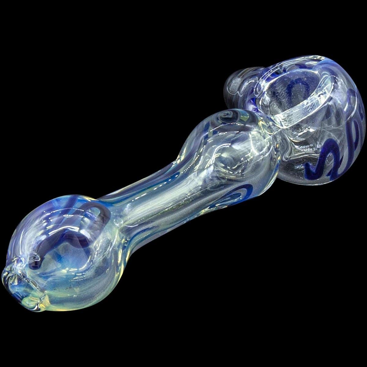 A close-up, angled view of the “Painted Warrior Spoon” glass pipe, showcasing its curved shape and vibrant blue coloring.