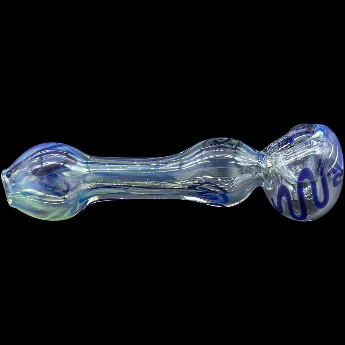 A top-down view of the “Painted Warrior Spoon” glass pipe, featuring a curved design and vibrant painted accents.