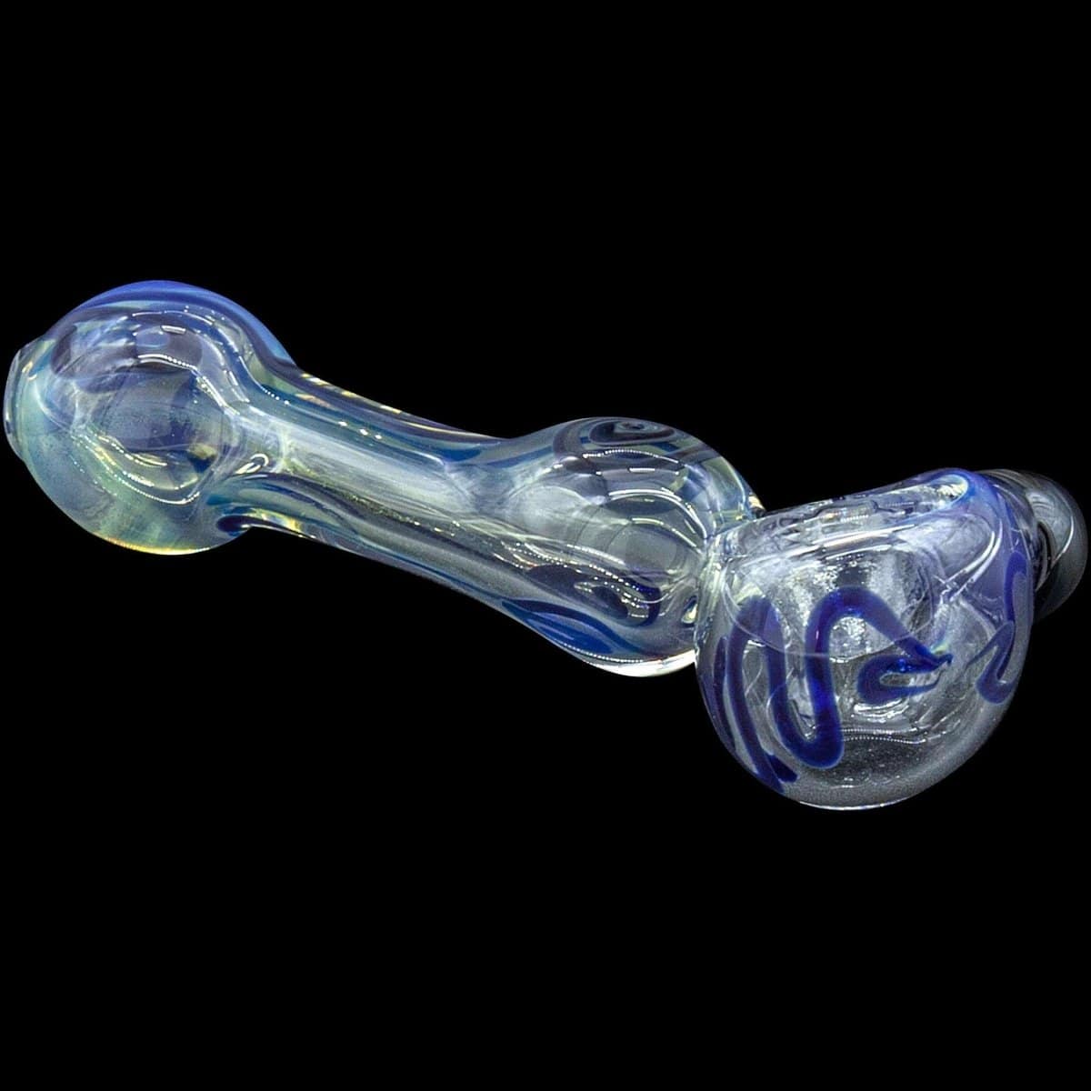 A side view of the “Painted Warrior Spoon” glass pipe shows its curved shape and detailed, colorful paintwork.