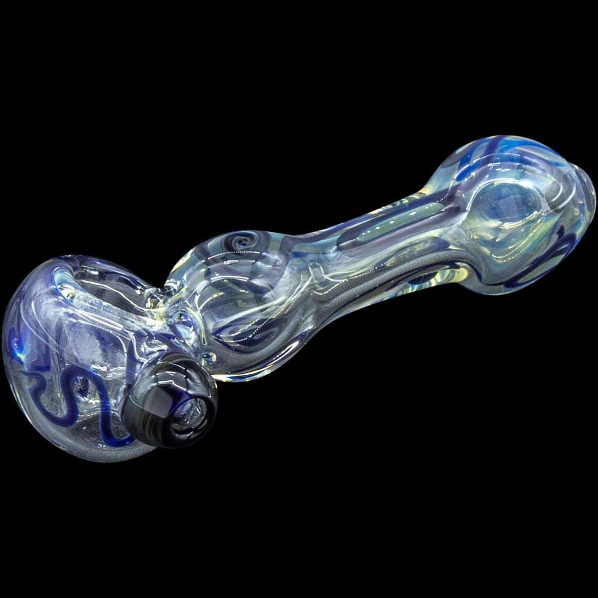 A detailed side view of the “Painted Warrior Spoon” glass pipe, showcasing its curved form and colorful, blended design.