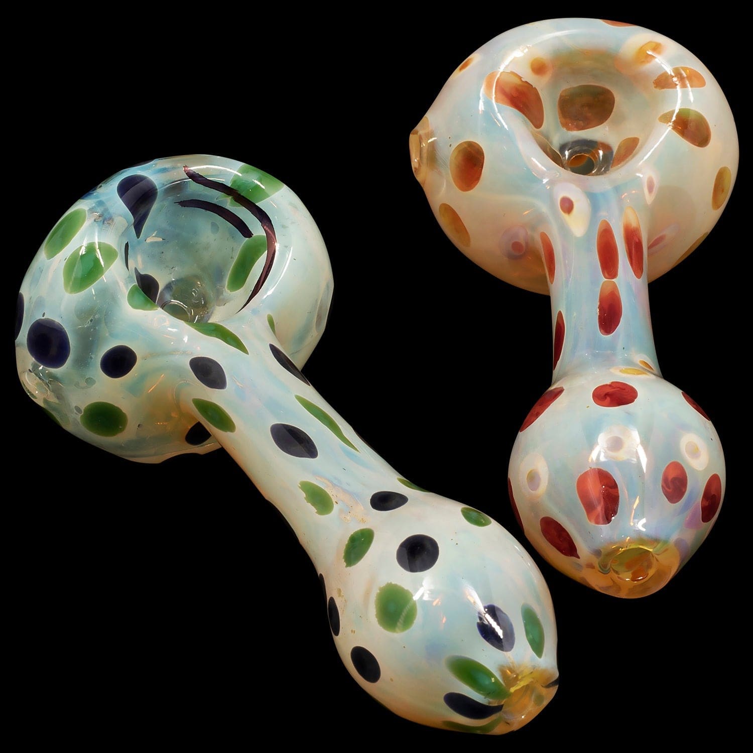 A side view of the “Polka Dot” Glass Spoon Pipe, featuring a colorful, speckled pattern against a black background.
