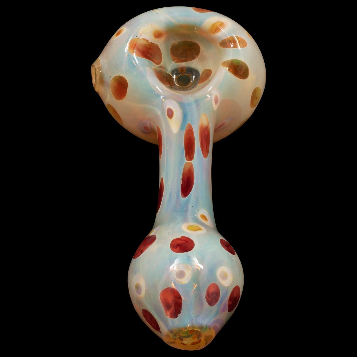 A side view of the “Polka Dot” Glass Spoon Pipe, showcasing its colorful speckled design against a plain black background.