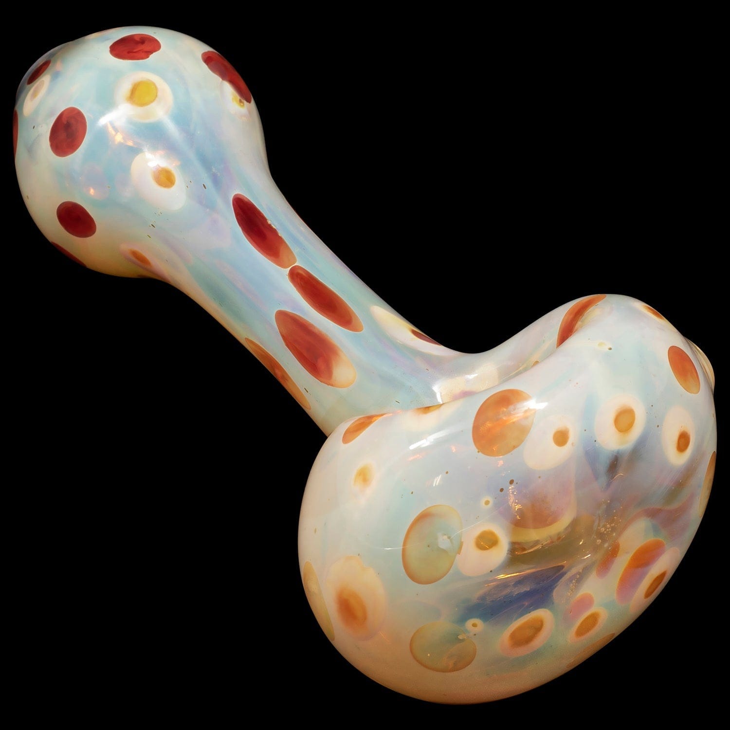 Front view of the “Polka Dot” Glass Spoon Pipe, showcasing colorful speckled patterns on the curved glass bowl.
