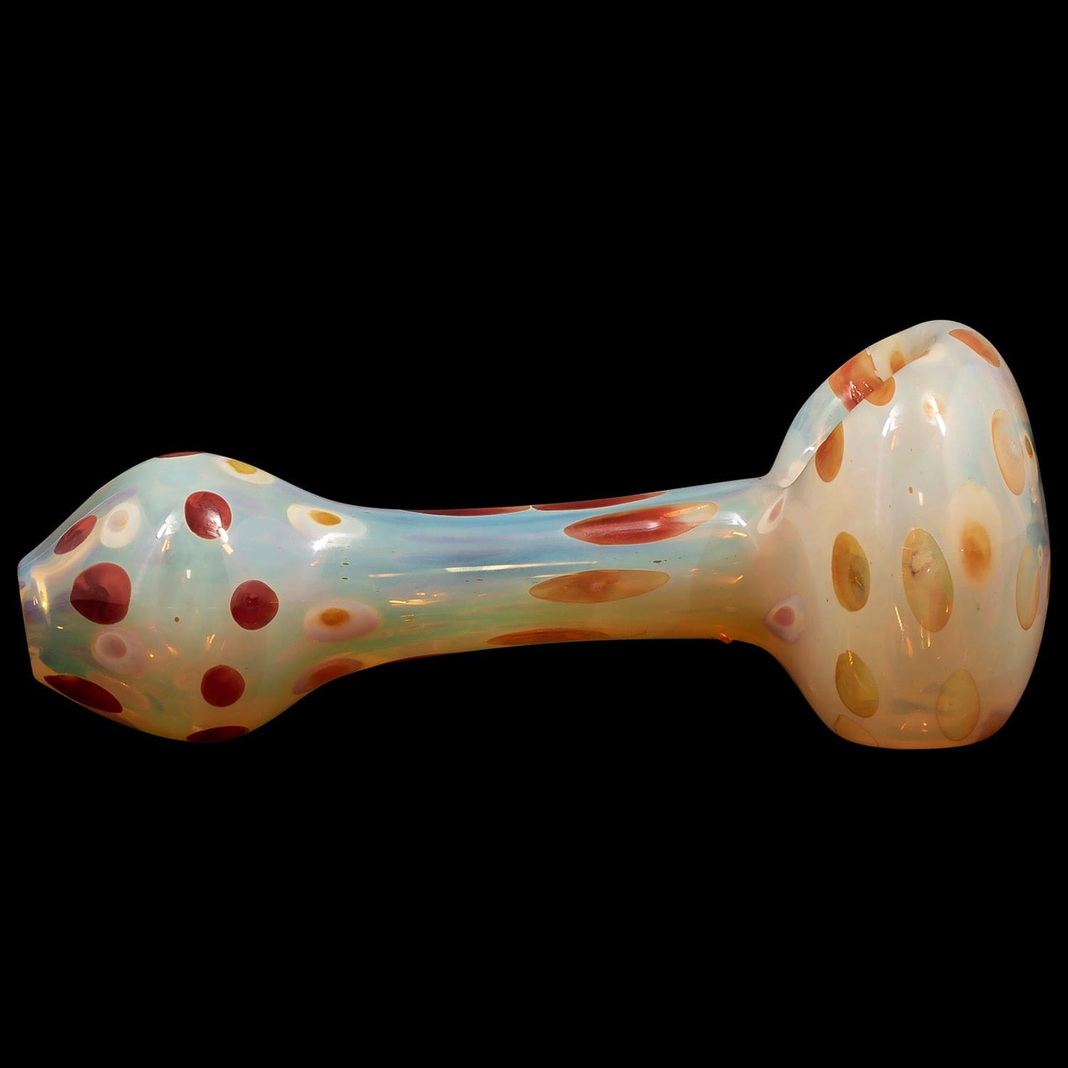 A close-up, angled view of the “Polka Dot” Glass Spoon Pipe, showcasing colorful polka dots on a clear glass body.