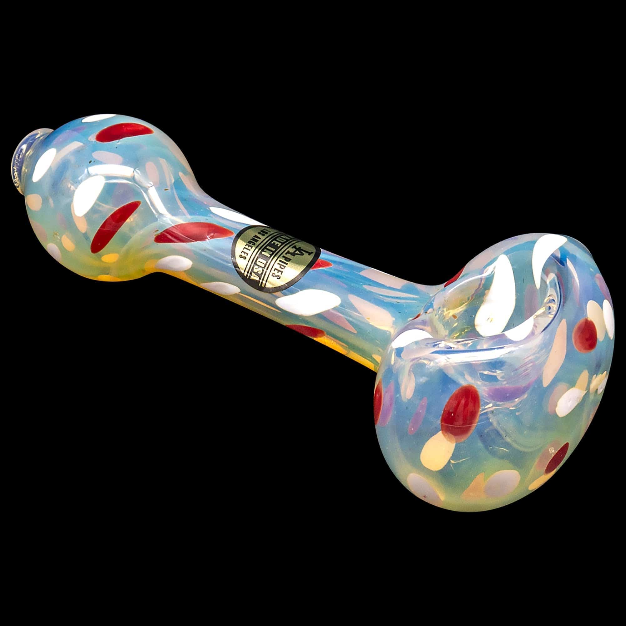 Front view of the “Polka Dot” Glass Spoon Pipe, showcasing a colorful, speckled design in a handheld glass pipe.