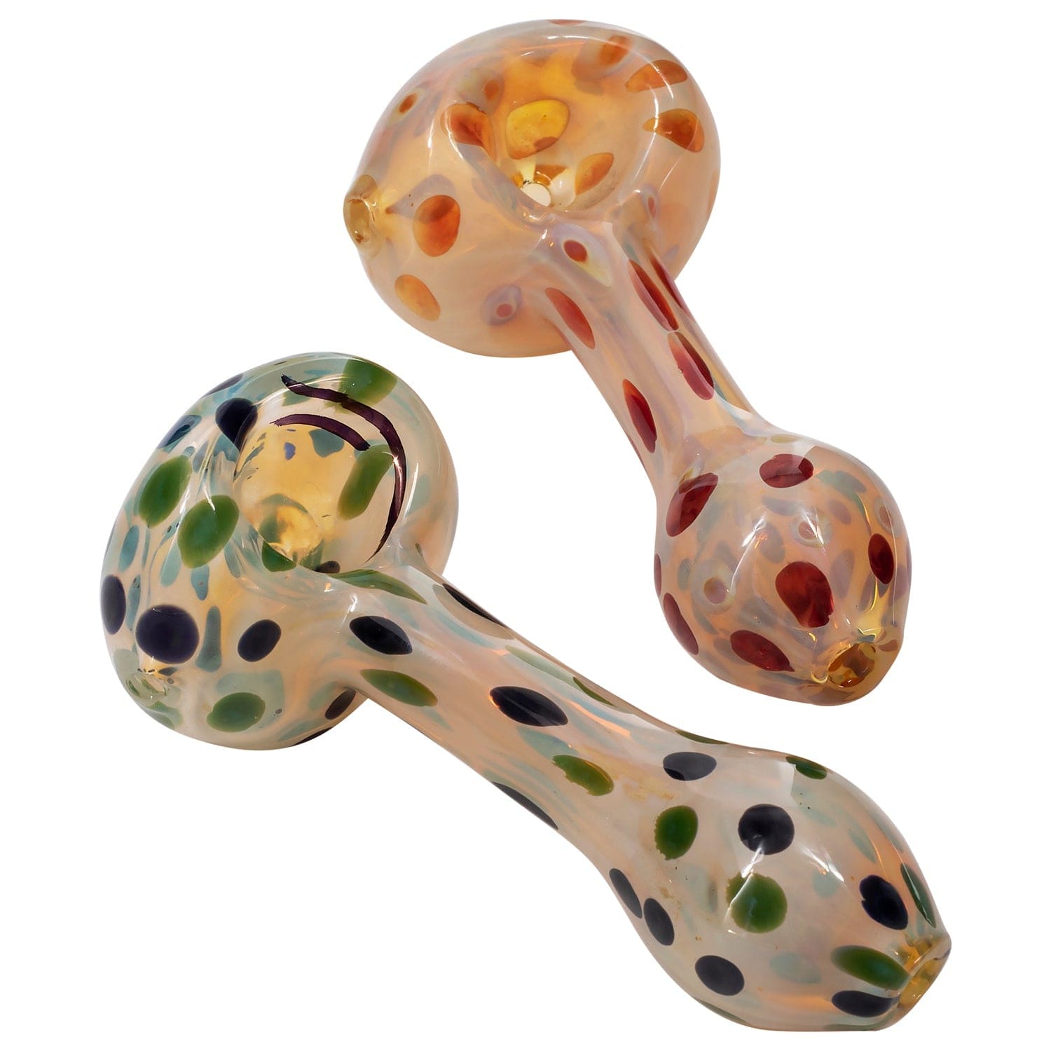 Front view of the “Polka Dot” Glass Spoon Pipe, showcasing the colorful speckled pattern against a plain white background.